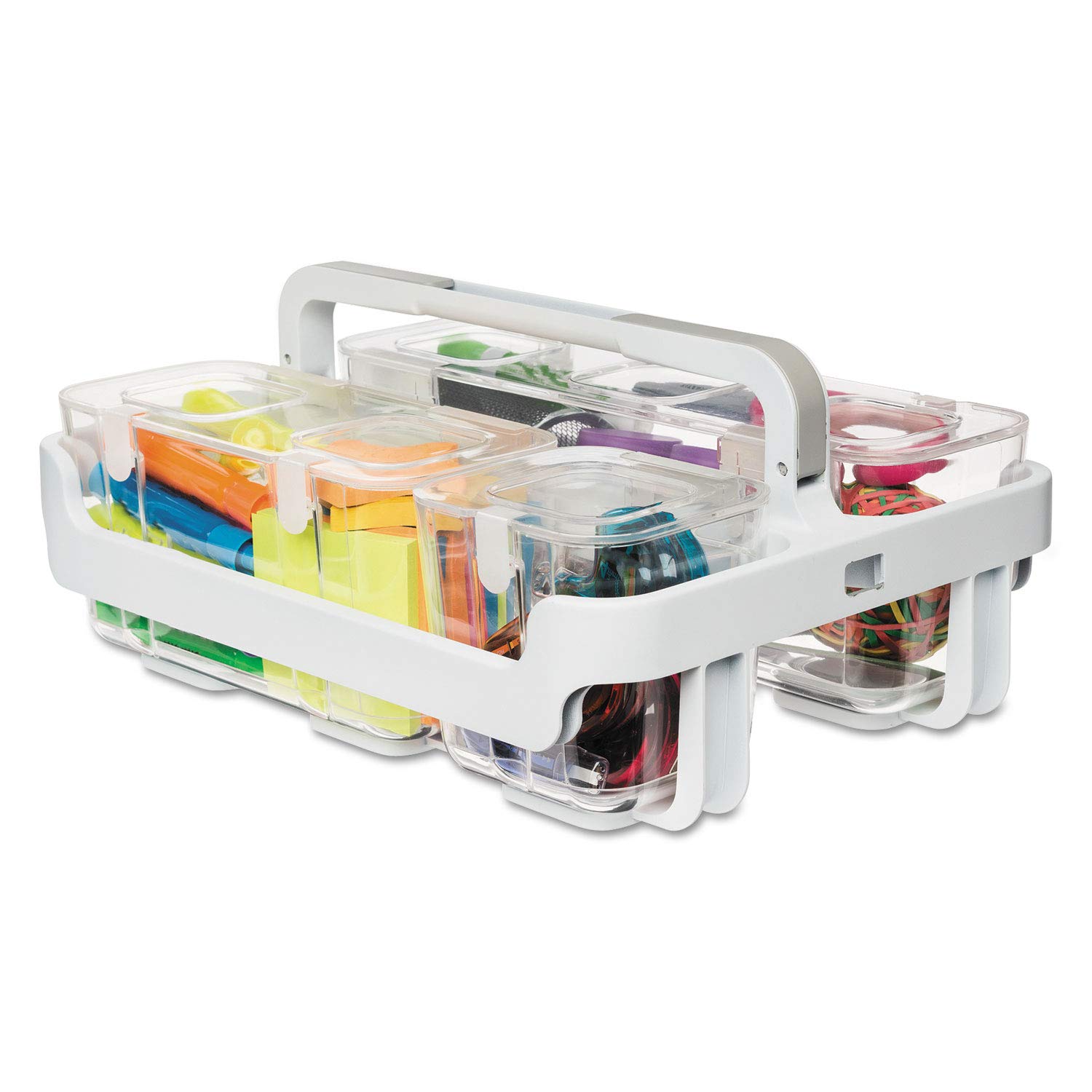 Deflecto 29003 Stackable Caddy Organizer with Small, Medium & Large Clear Containers - White Storage Bin for Office, Kitchen, Bathroom Organization