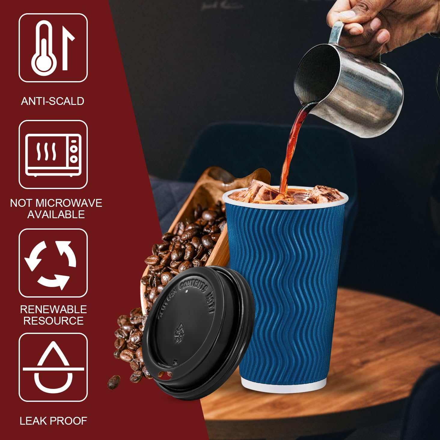 Lamosi 16 oz Disposable Coffee Cups with Lids - 50 Pack Insulated Paper To-Go Cups for Hot Beverages, Corrugated Ripple Wall Design (Blue) - Perfect for Coffee Shops, Offices, and Home Use