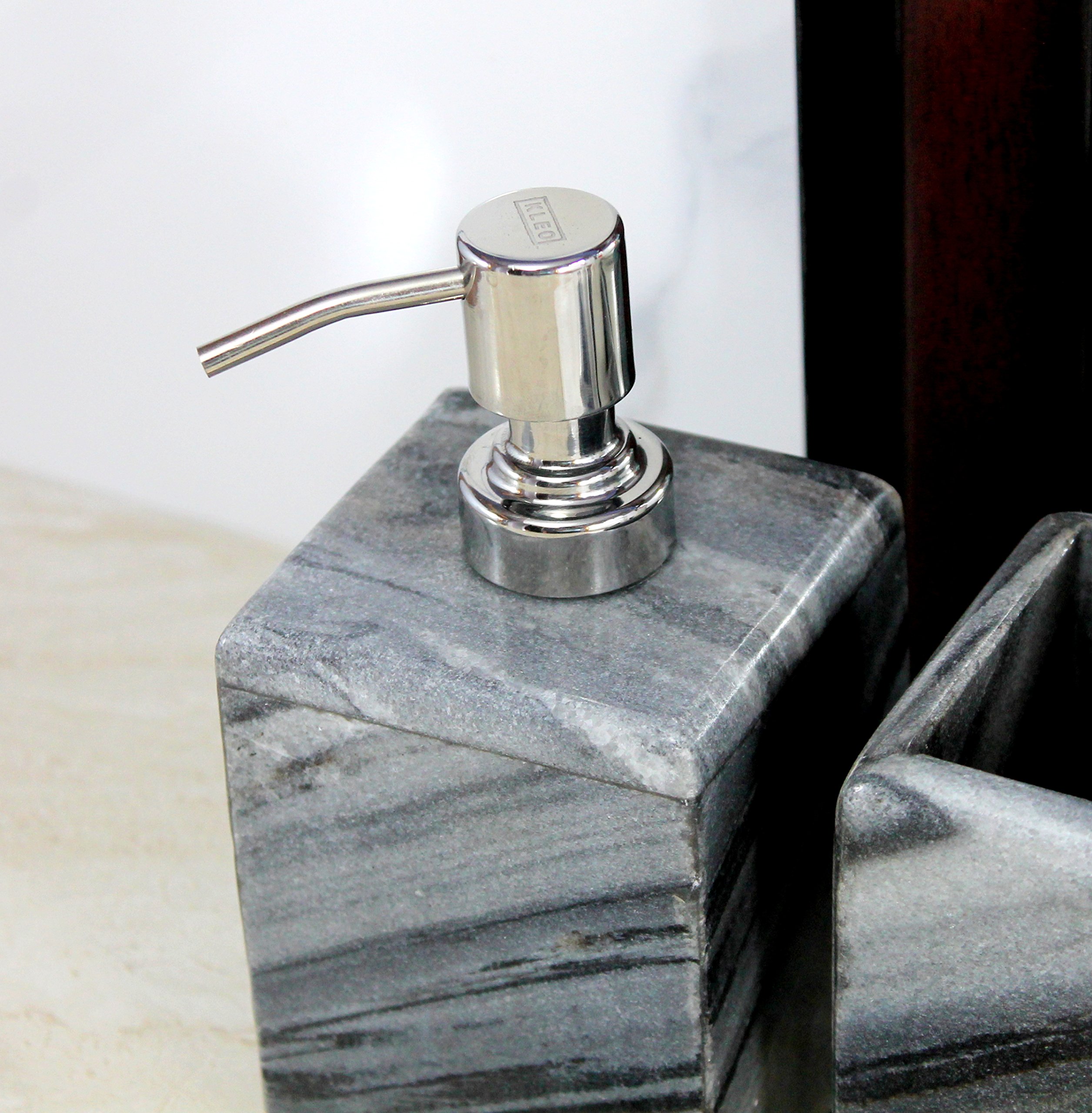 Natural Stone Bathroom Set - Soap Dispenser, Toothbrush Holder & Soap Dish (Grey, 3-Piece) for Spa-Like Luxury