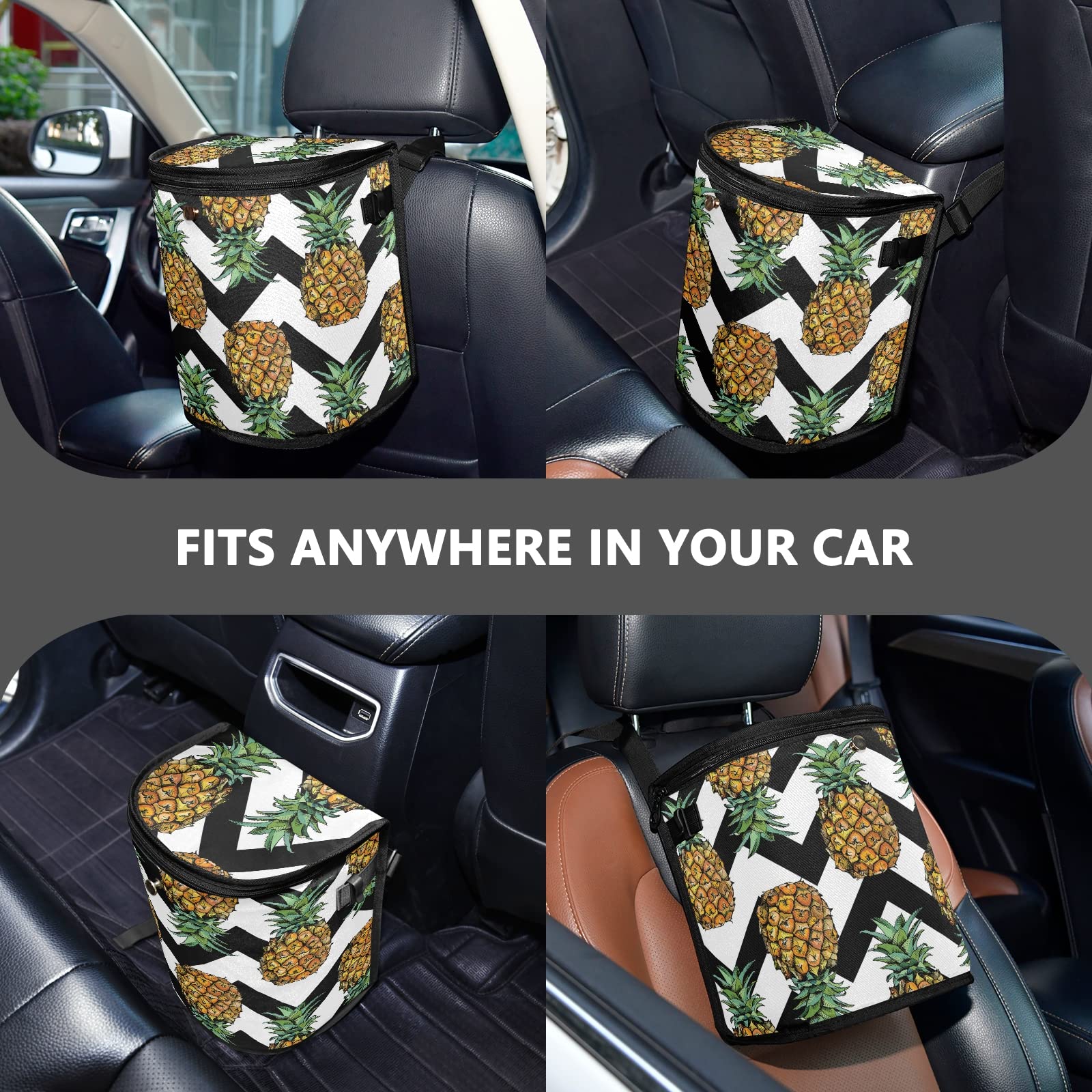 Pineapple Print Spill-Proof Hanging Car Trash Can - Large Leakproof Auto Garbage Bag with Lid & Big Opening - Perfect for Road Trips & Family Travel