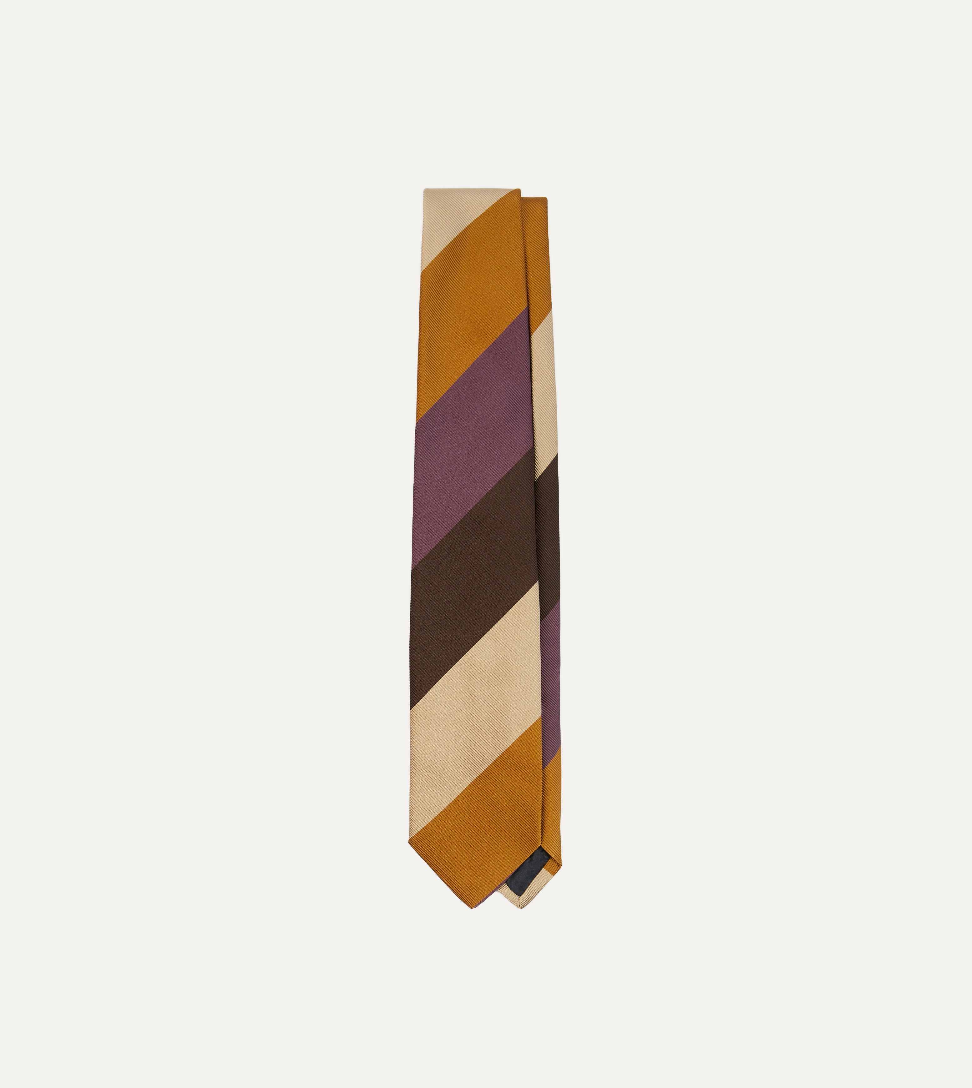Purple, Brown & Cream Wide Stripe Repp Silk Cotton Tipped Necktie for Men - Elegant Business & Formal Occasion Wear