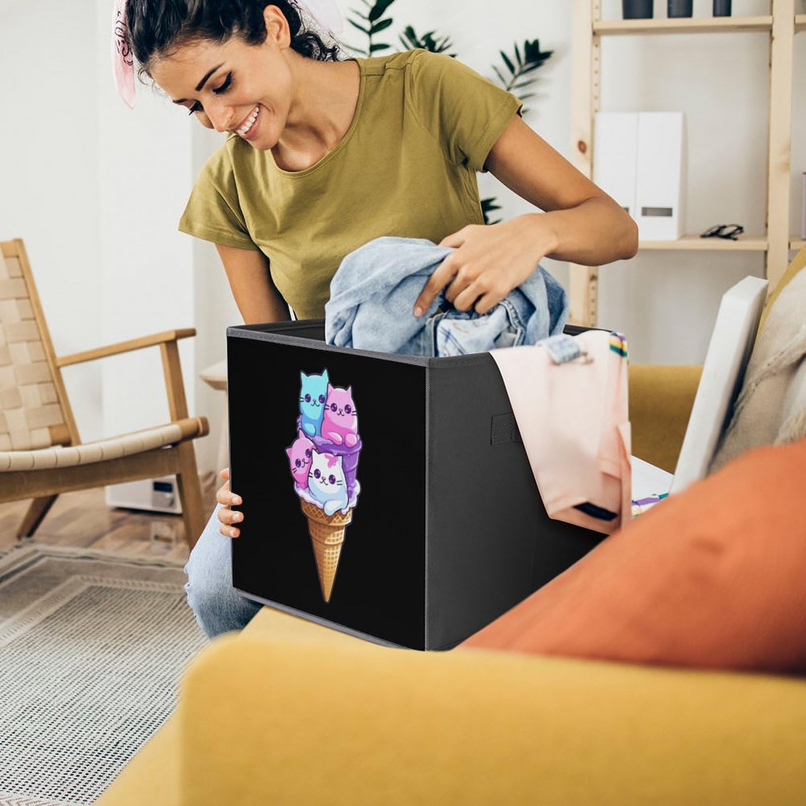Foldable Storage Cubes for Ice Cream Cat - Square Storage Baskets with Handles, 1PC - Perfect for Home Organization, Closet, Office & Kids Room Storage