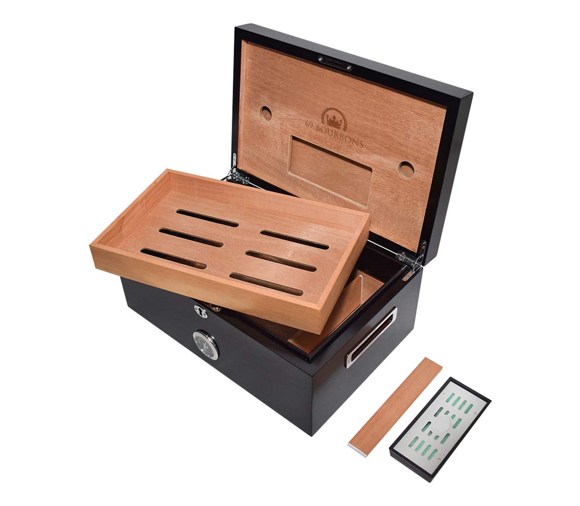 Premium 69Bourbons Cigar Humidor Box - Holds 150 Cigars with Hygrometer, Dividers & Locking System - Dark Madagascan Ebony Wood Exterior - Includes Removable Humidifier, Tray & Piano Hinges - Perfect for Home, Office or Gifts for Cigar Enthusiasts