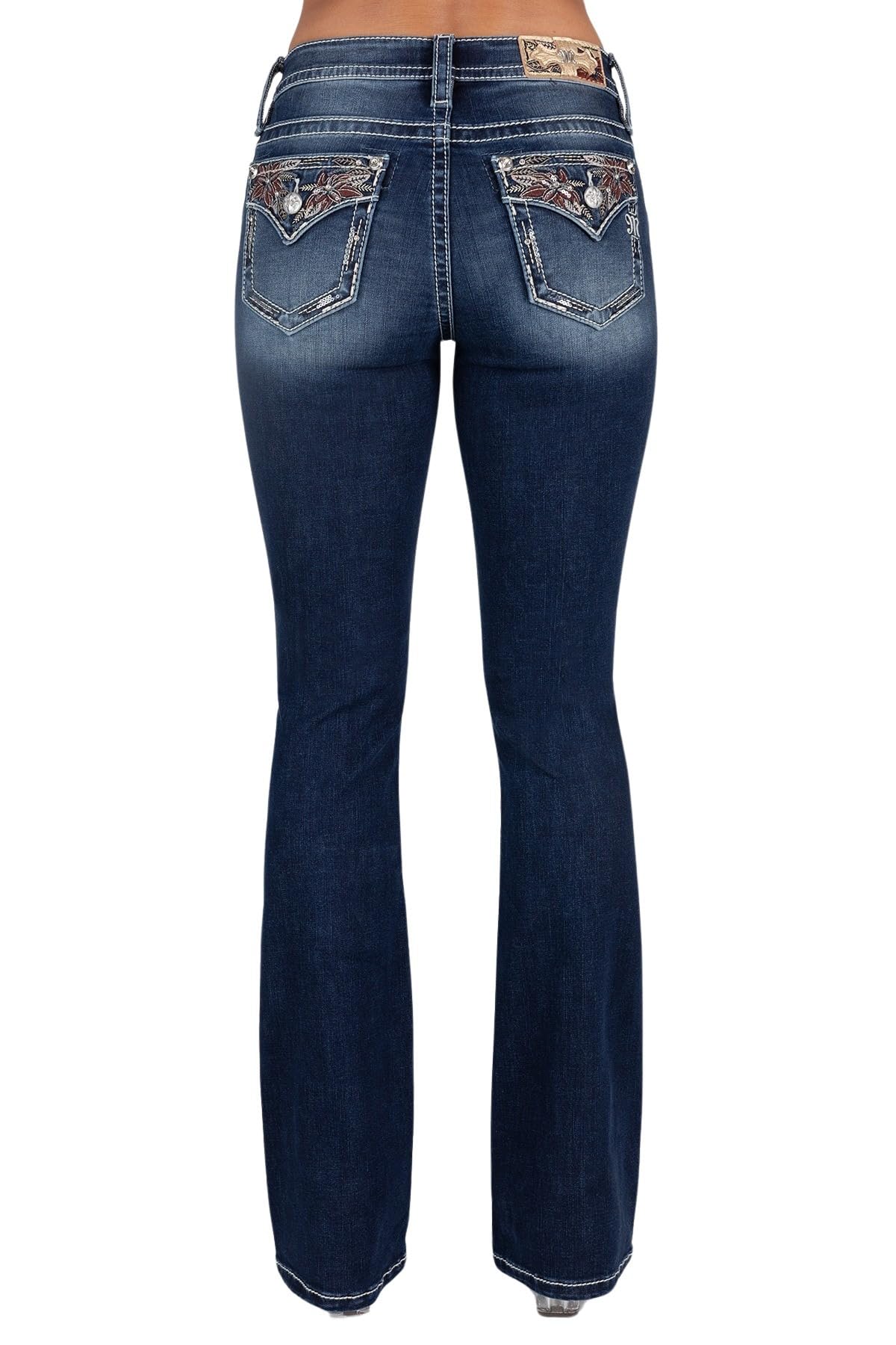 Miss Me Women's Mid-Rise Bootcut Jeans with Poinsettia Embellishments & Faux Flap Pockets - Perfect for Casual Outings, Date Nights & Holiday Parties