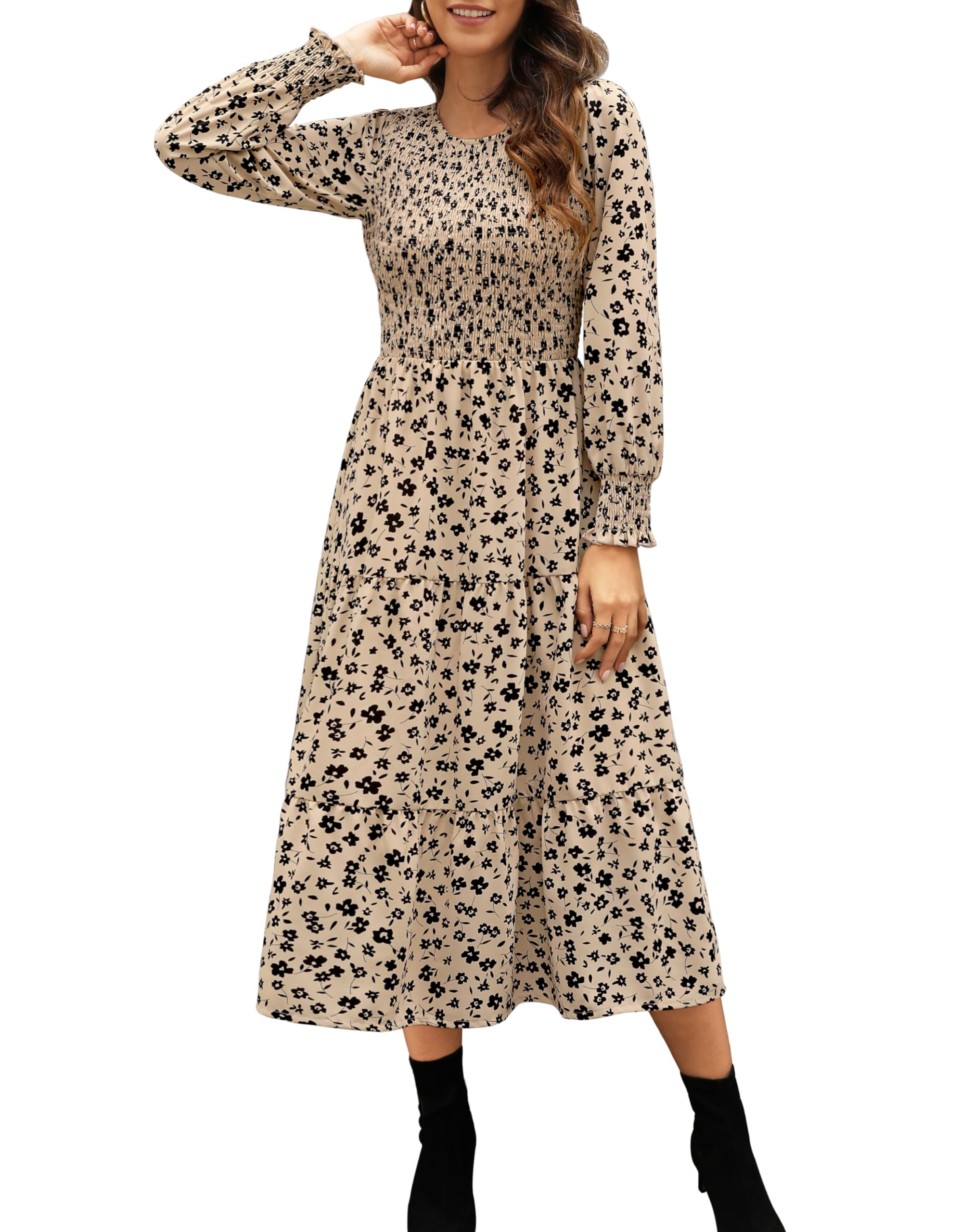 Zattcas Women's Fall Dresses 2025 - Long Sleeve Boho Floral Midi Dress with Smocked Waist & Pockets | Casual Wedding Guest Outfit, Autumn Layering Piece for Parties & Date Nights