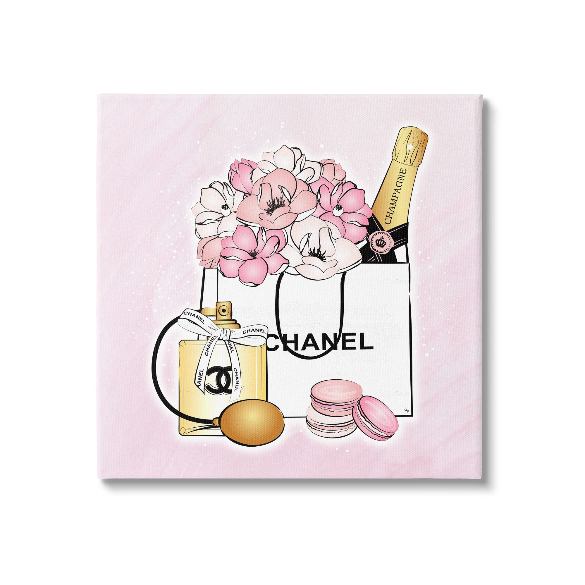 Stupell Industries Golden Perfume Flowered Fashion Shopping Bag with Confectionary Macaroons Print - Designed by Martina Pavlova | Trendy Reusable Grocery Tote for Women, Perfect for Shopping, Beach & Daily Use