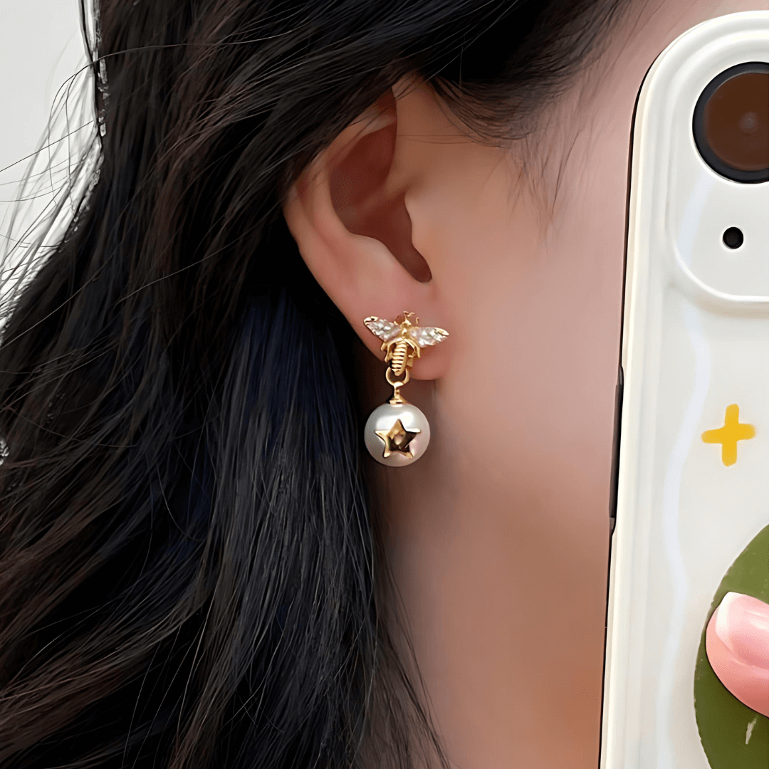 Dainty Bumble Bee Pearl Drop Earrings for Women - Elegant Gold Plated Dangle Earrings with Freshwater Pearls | Perfect for Weddings, Parties & Everyday Wear (DMS271)