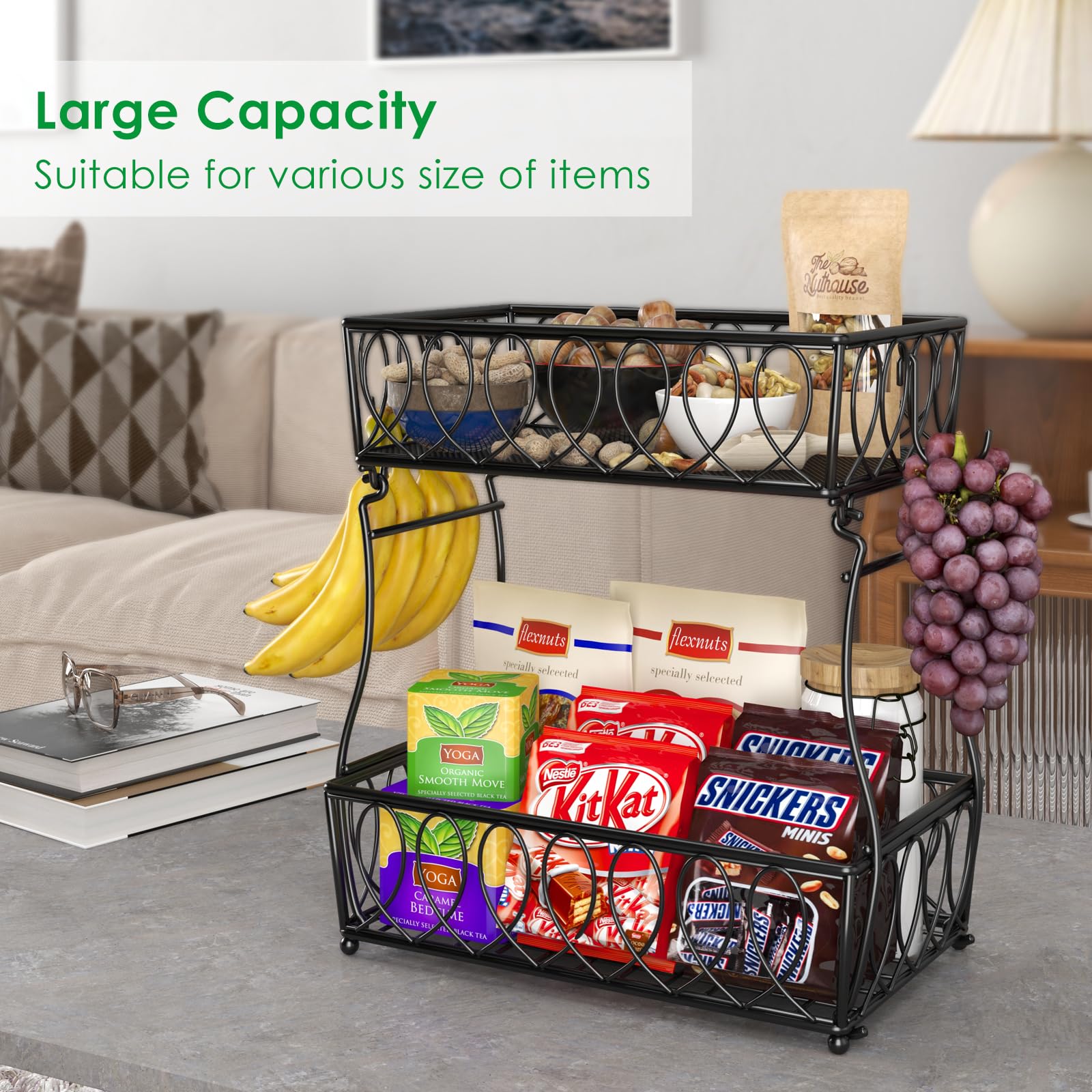 2-Tier Countertop Fruit Basket & Bread Bowl - 13.8-Inch Black Wire Storage Basket for Kitchen, Vegetables, Potatoes, Onions | Perfect for Pantry Organization & Countertop Display