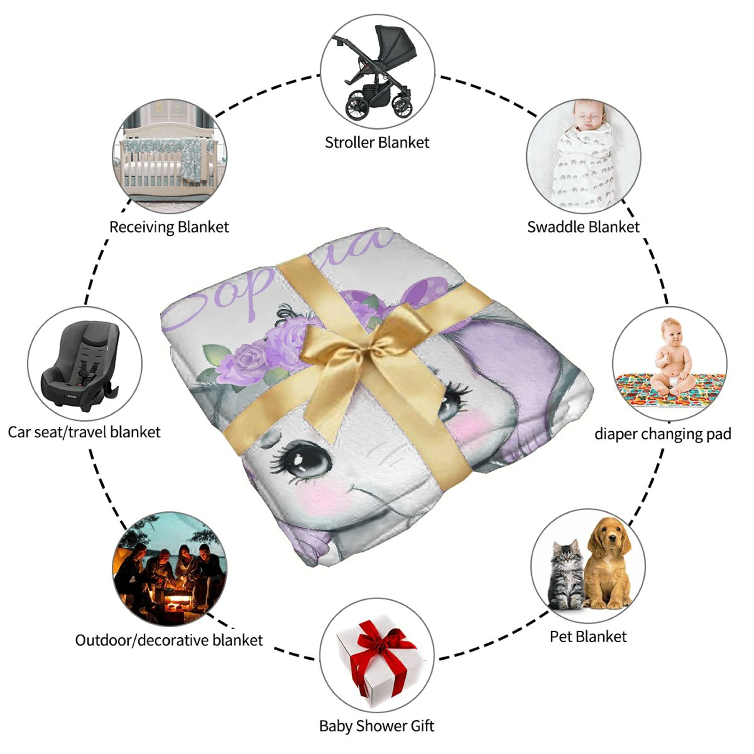 Personalized Baby Blankets for Girls and Boys - Custom Name Baby Blanket Gift - Soft Cozy Fleece Elephant Throw Blanket for Newborns - XL Size for Nursery, Crib, Stroller & Family Cuddles