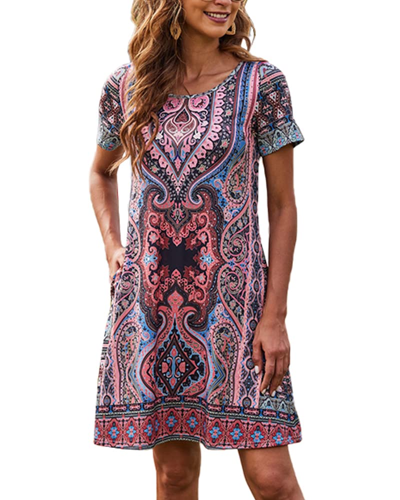 Sherosa Women's Summer Dresses 2025 - Boho Beach Sundress with Pockets, Short Sleeve Loose Fit Casual T-Shirt Dress for Vacation, Travel, and Outdoor Activities