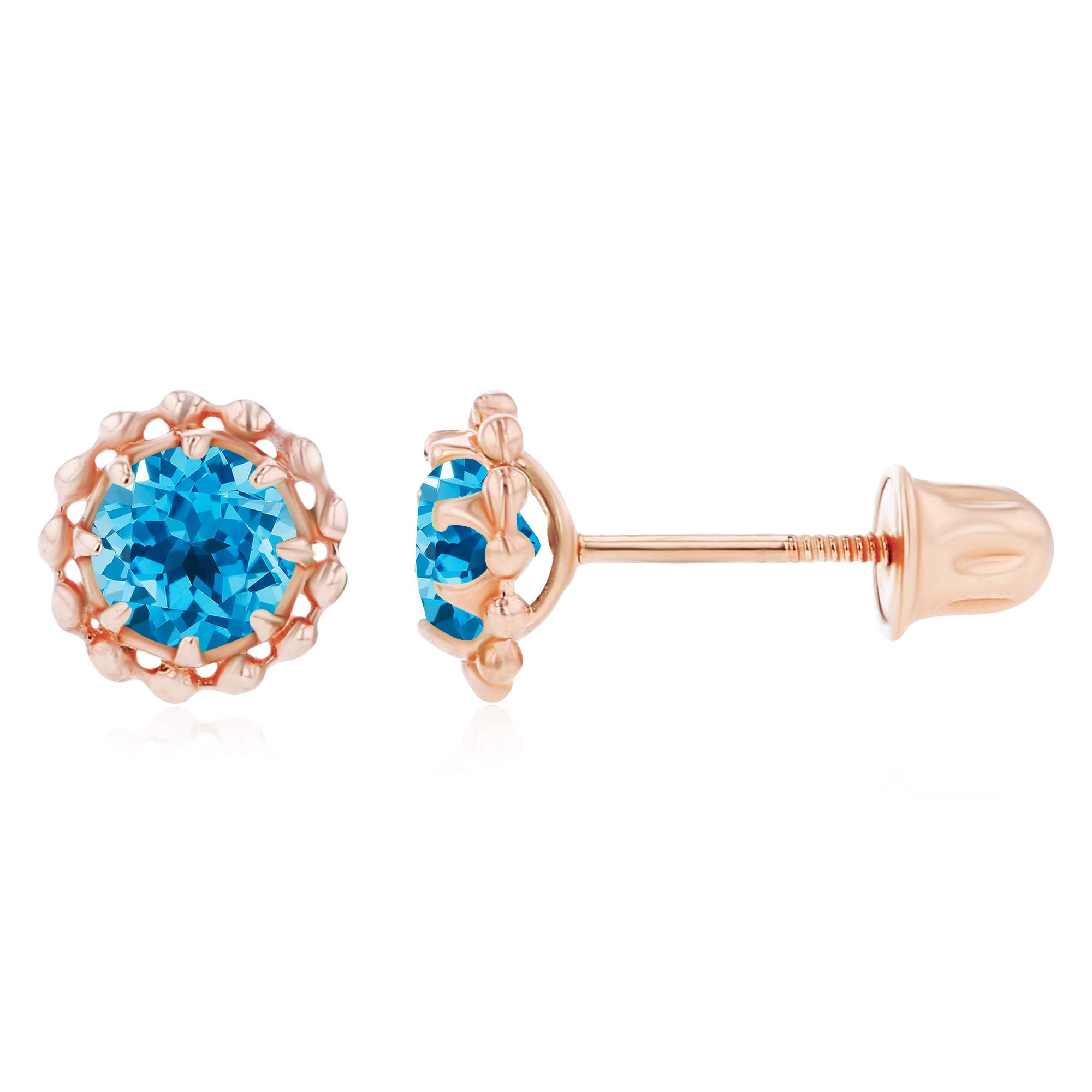 14K Gold Textured Halo Birthstone Stud Earrings for Women | 6mm & 4mm Round Natural Birthstone Screw Back Earrings | Perfect for Everyday Wear, Gift Giving & Special Occasions