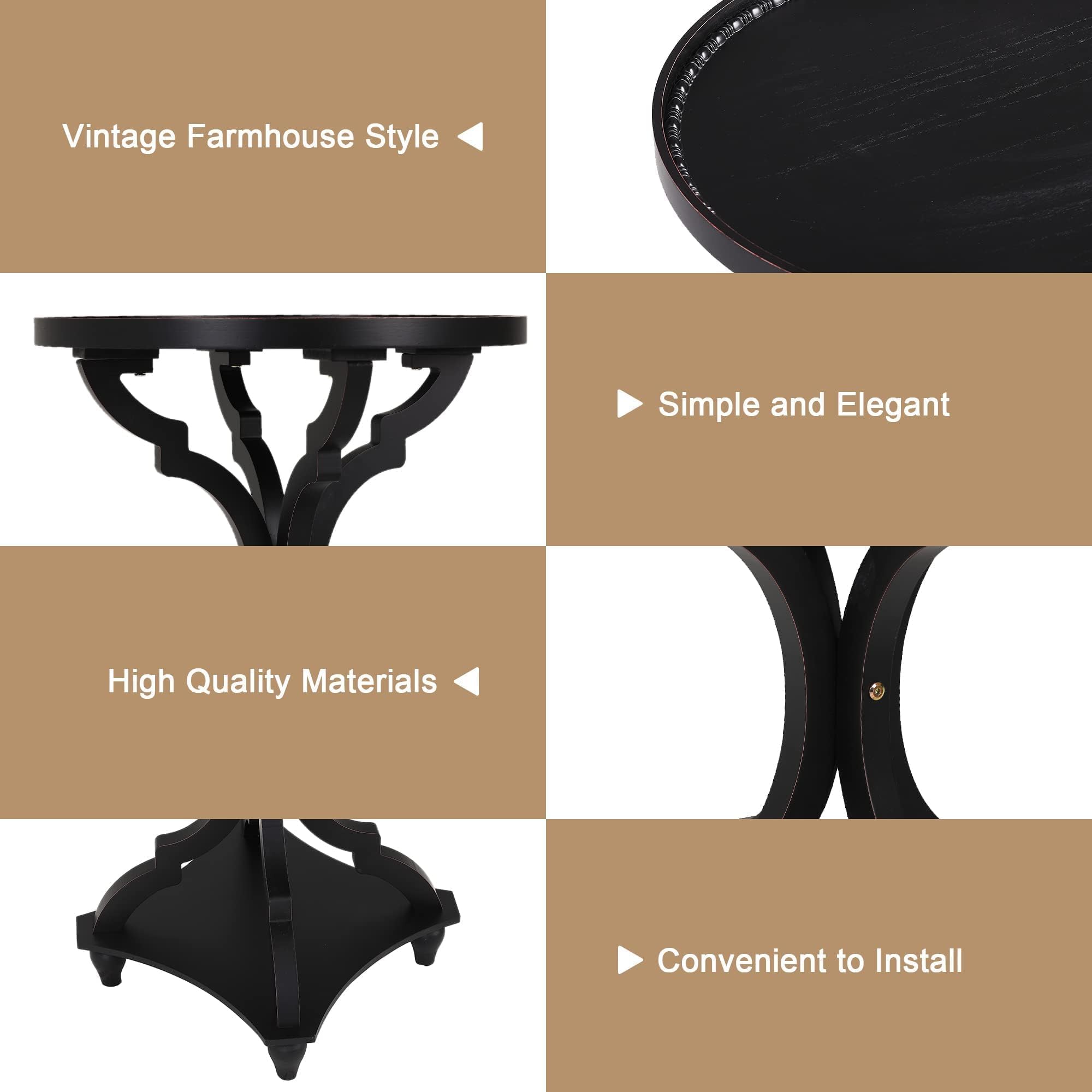 Wnutrees Farmhouse Round Accent End Table Set of 2 - Rustic Wood Side Table with Tray Top, Handcrafted Finish for Living Room, Bedroom or Office - Black Nightstand for Home Decor