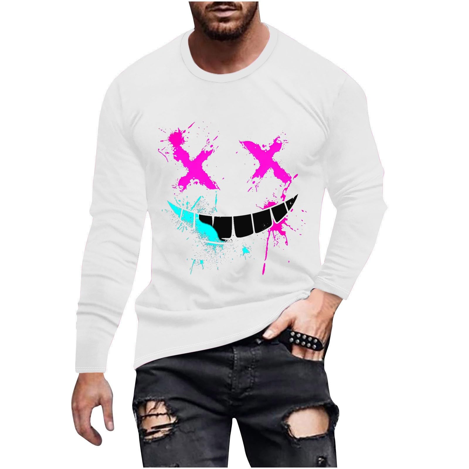 Men's Long Sleeve Smiley Face Graphic T-Shirt - Funny Novelty Streetwear Top for Casual Wear & Everyday Outfits
