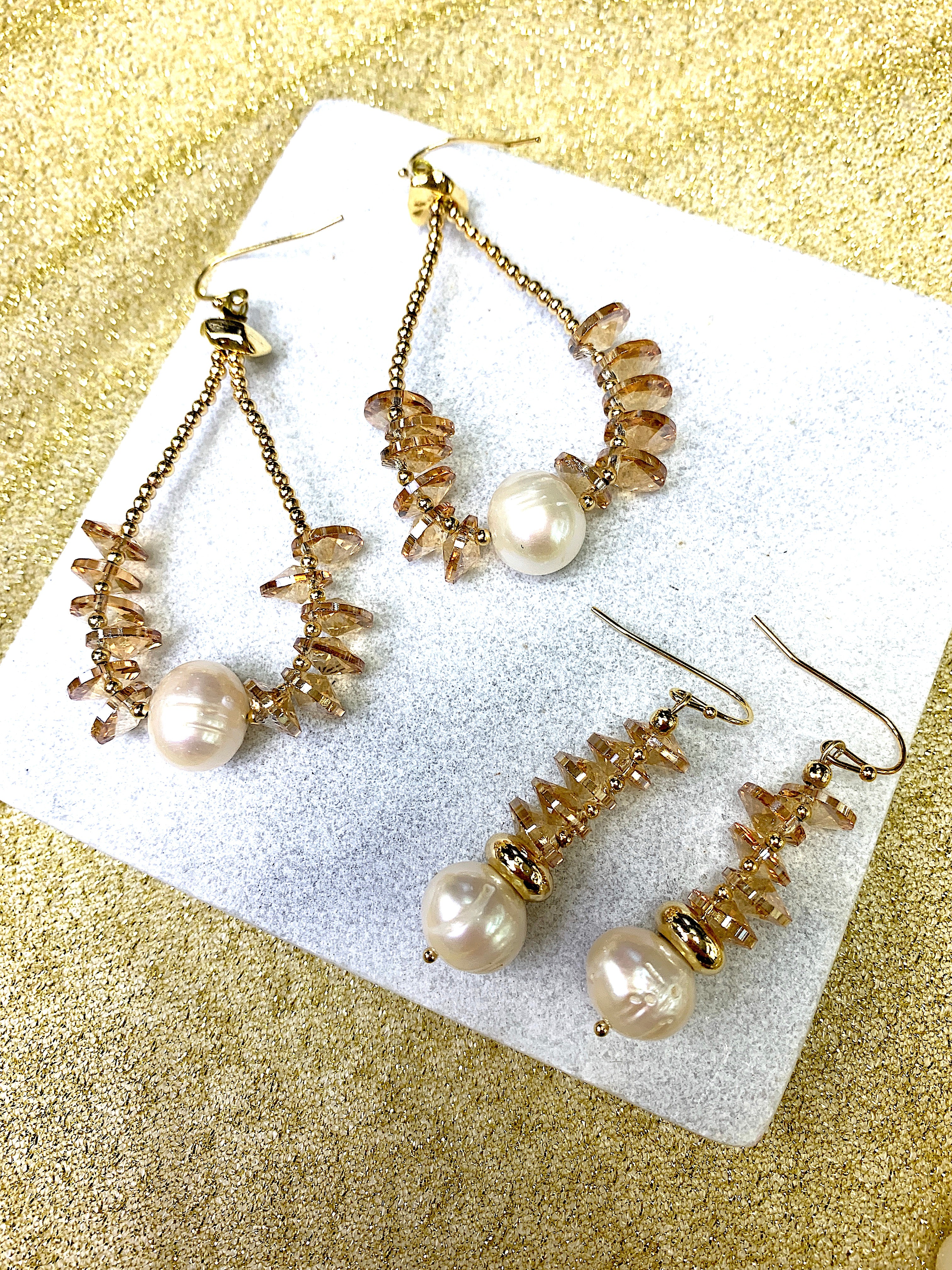 Golden Crystal & Freshwater Pearl Hook Earrings FE026 - Elegant Dangle Earrings for Women, Perfect for Weddings, Parties & Everyday Wear
