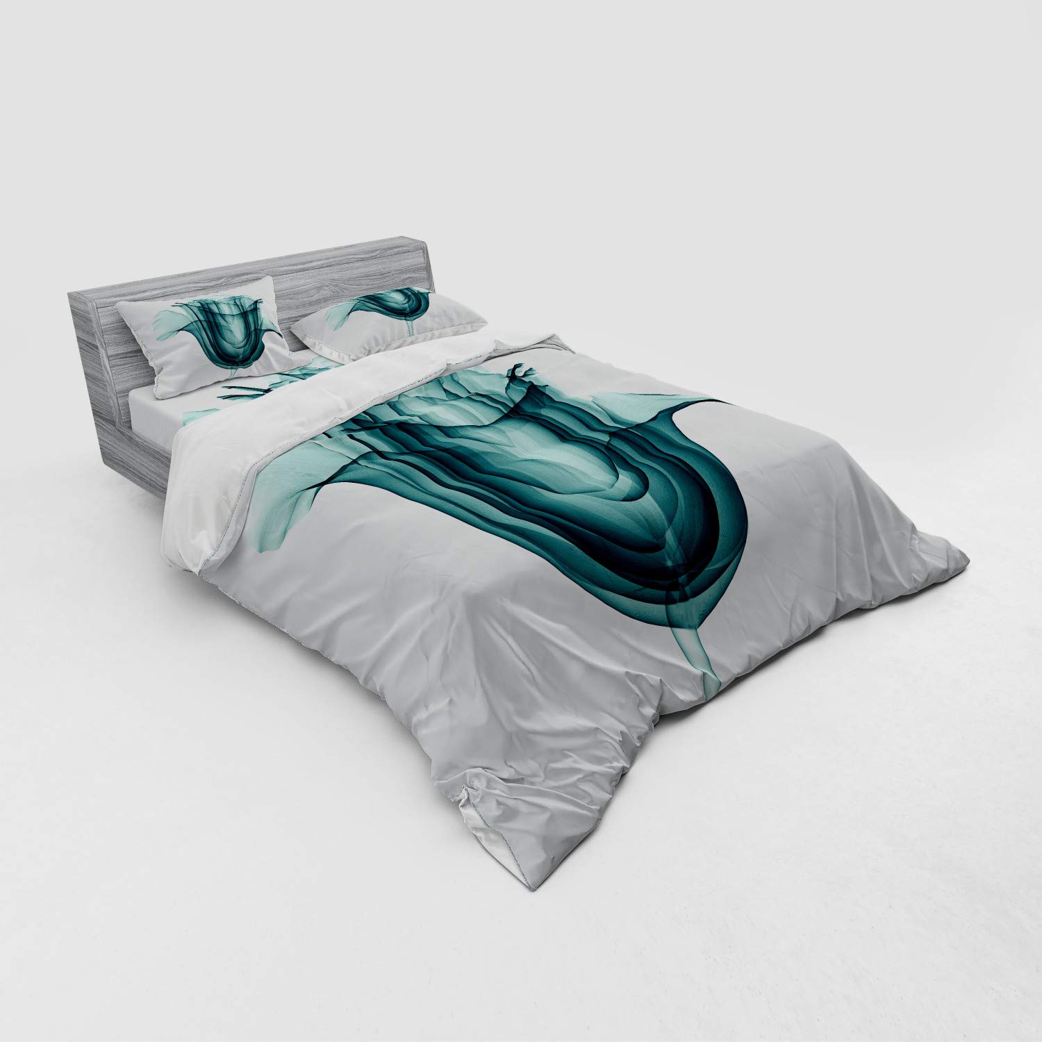Ambesonne Floral Duvet Cover Set - Queen Size 4-Piece Bedding with Rose X-Ray Print in Teal & White | Romantic Nature-Themed Bedroom Decor for Master Bedroom, Guest Room & Dorm