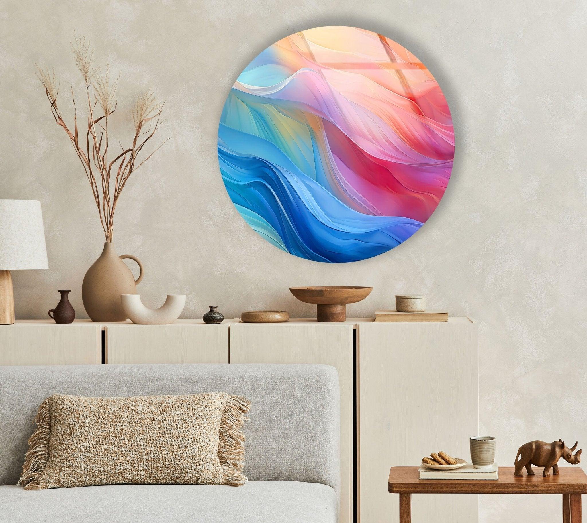 Abstract Round Pink & Blue Glass Wall Art - Modern Handmade Home Decor for Living Room, Bedroom & Office - Unique Gift Idea for Housewarming & Wedding