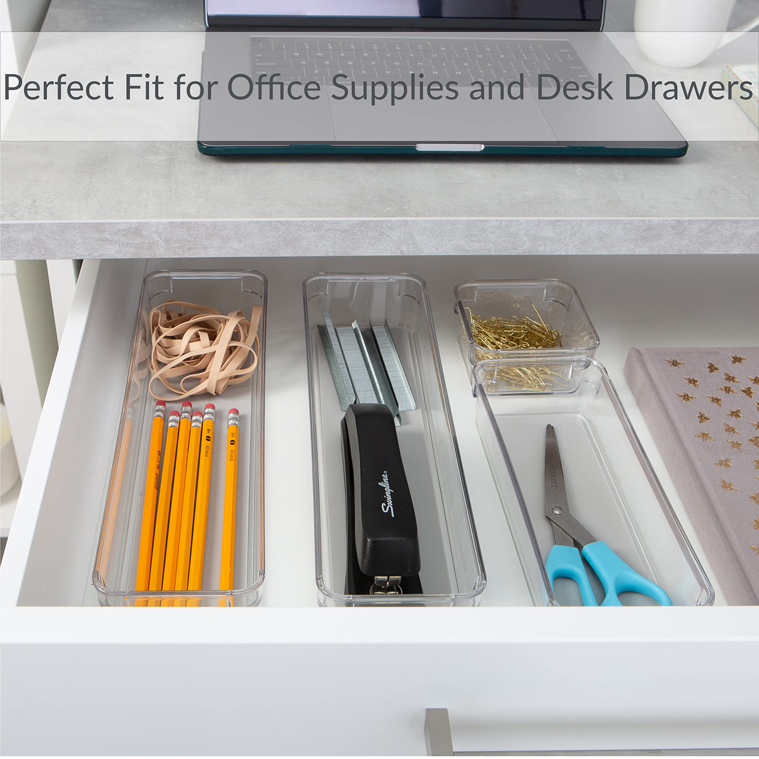 4-Piece Multipurpose Drawer Organizers Set for Bathroom, Vanity, Kitchen - Clear Plastic Storage Bins for Cosmetics, Jewelry & Utensils - Perfect for Home Organization and Space Saving