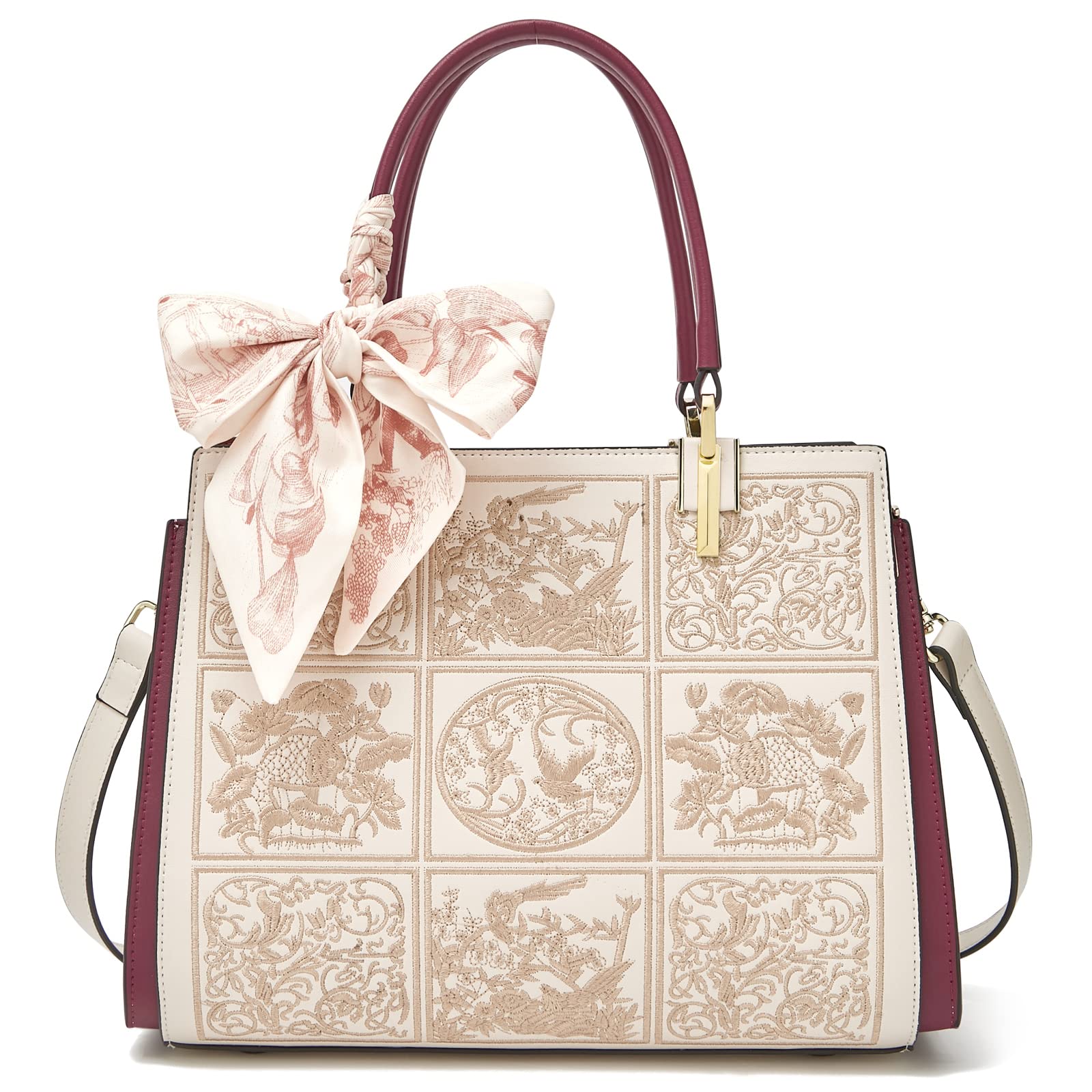 LAORENTOU Vintage Cow Leather Tote Bag for Women - Embroidery Shoulder Purse & Top Handle Satchel Handbag | Perfect for Work, Travel & Everyday Use