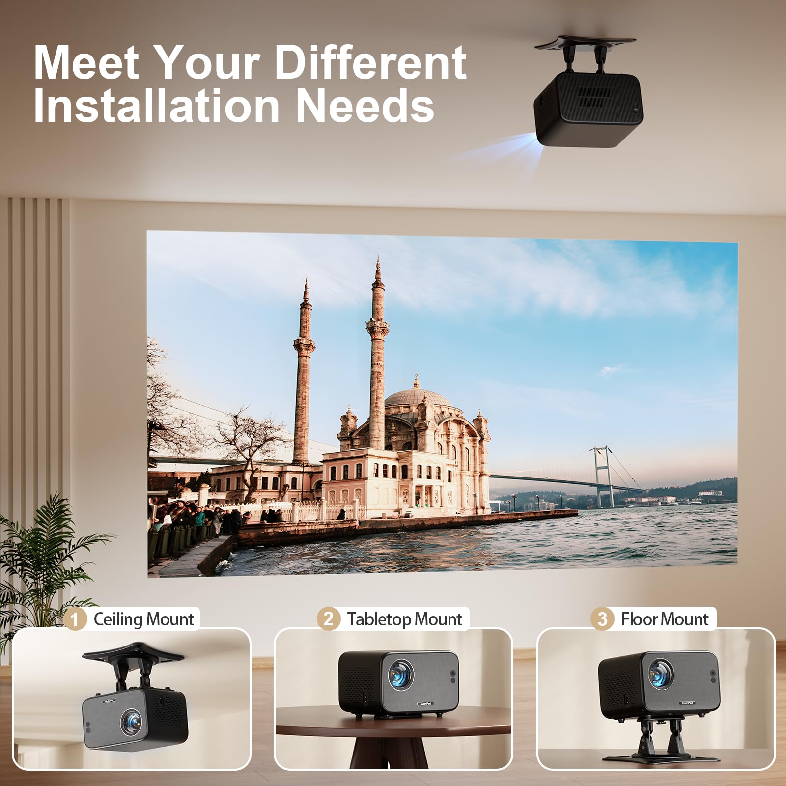 XuanPad 4K Android Mini Projector with Auto Focus, WiFi & Bluetooth - 1080P Portable Projector with 210° Rotatable Stand, Built-in 8000+ Apps, Dust Removal & Cooling System | Perfect for Home Theater, Outdoor Movies, Office Presentations & Gaming