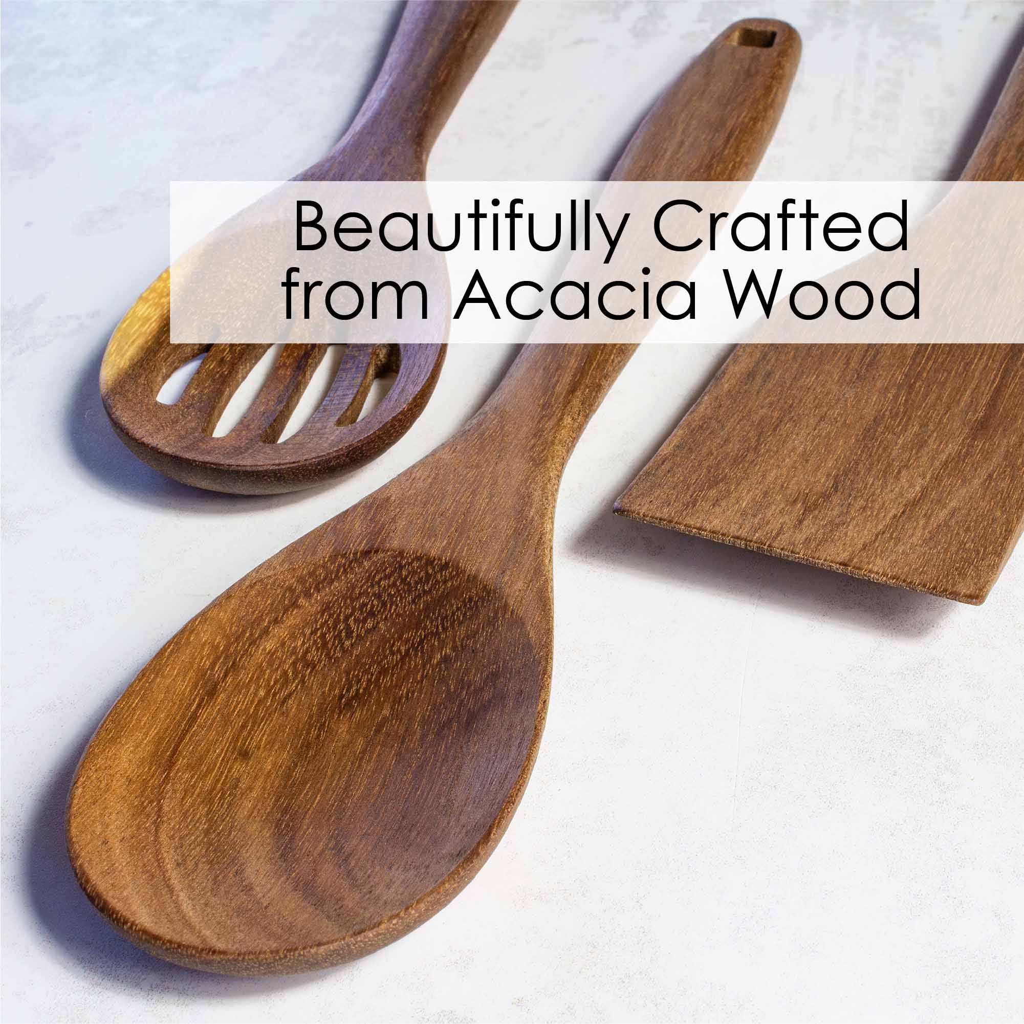 Premium 3-Piece Acacia Wood Cooking Utensil Set - Natural Wooden Spoons & Kitchen Tools for Cooking, Baking & Serving - Ideal for Non-Stick Pans, Salad Tossing & Home Kitchen Use