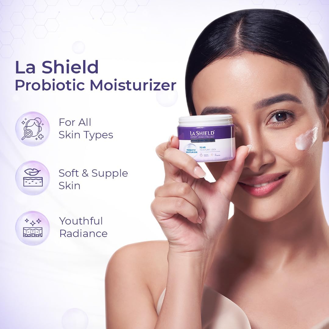 La Shield Probiotic Moisturizer Face Cream - 72 Hour Hydration for Dry, Normal, Oily & Sensitive Skin | Dermatologist Tested, Fast Absorbing, UV Damage Repair | Soft & Supple Skin Care | Perfect for Daily Use, Night Routine & Post-Sun Exposure