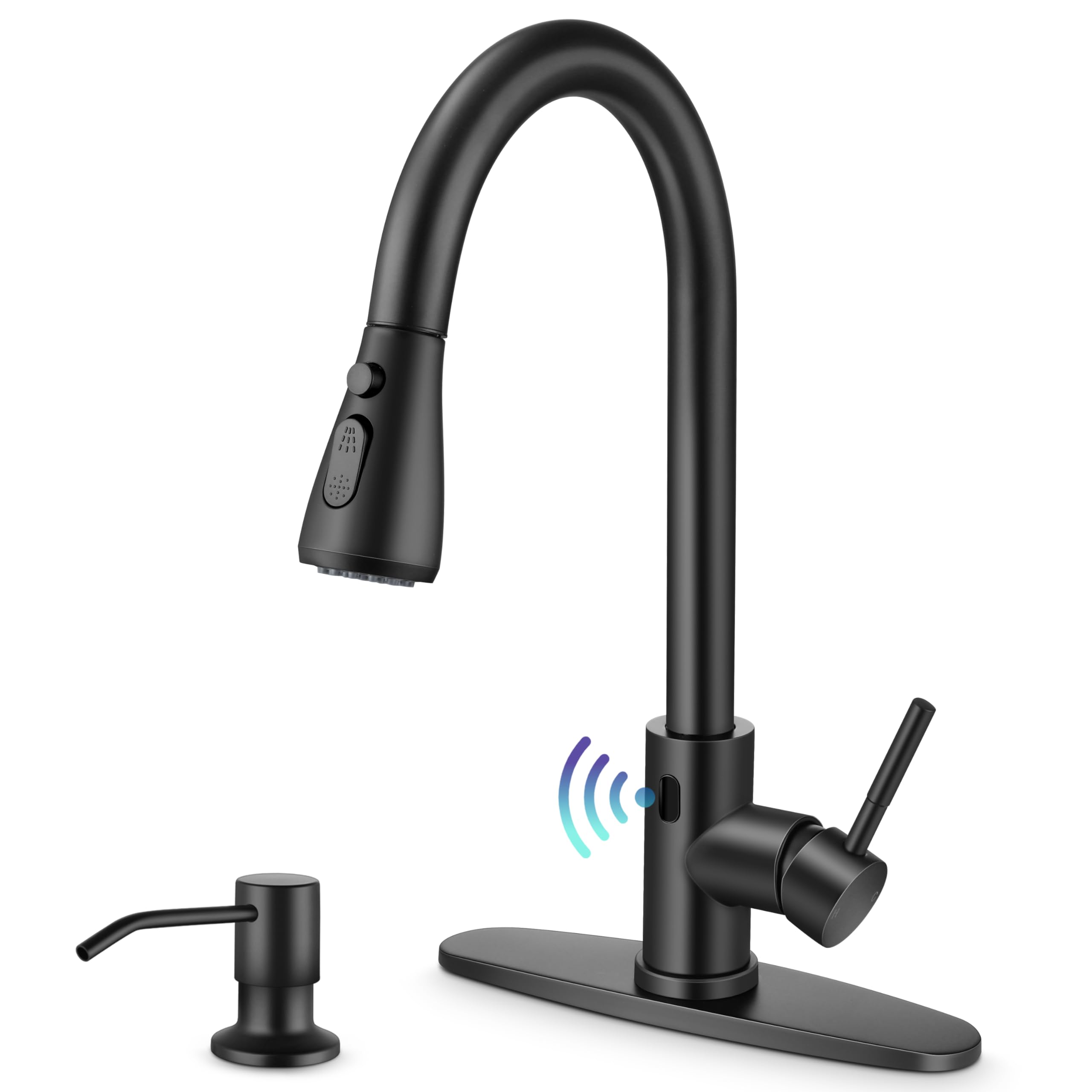 Herogo Matte Black Touchless Kitchen Sink Faucet with Motion Sensor & Pull Down Sprayer - Smart Sensor Activated, Soap Dispenser Included - Perfect for Farmhouse, RV, and Modern Kitchen Sinks