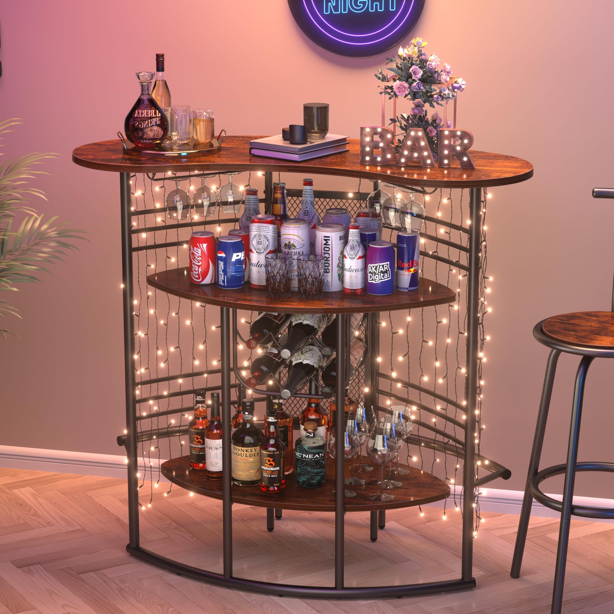 Modern Industrial Bar Cabinet with Storage Shelves - Freestanding Wood Liquor Cabinet for Home, Kitchen, Living & Dining Room - Perfect for Entertaining, Small Space Storage & Home Bar Setup (Brown)