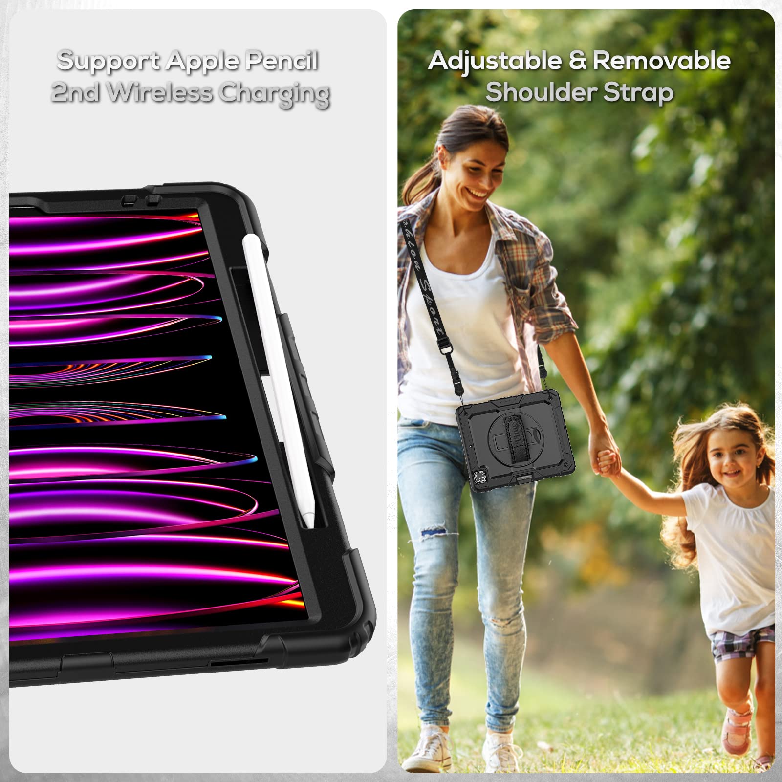 Timecity Protective Case for iPad Pro 12.9 (6th/5th/4th/3rd Gen 2022-2018) with Screen Protector, Rotating Stand & Hand/Shoulder Strap - Supports Apple Pencil 2 Charging - Black | Perfect for Work, Travel & Home Use