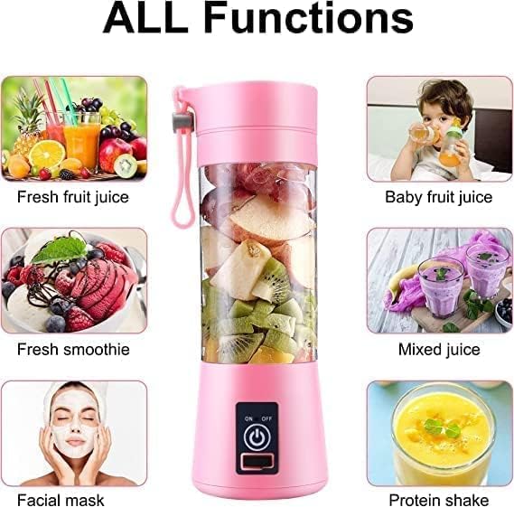 Portable USB Rechargeable Personal Blender - 380ml 25W 6-Blade Handheld Blender for Shakes, Smoothies, Juices | Perfect for Travel, Office, Gym, Camping & Outdoor Activities (Pink, Medium Size)