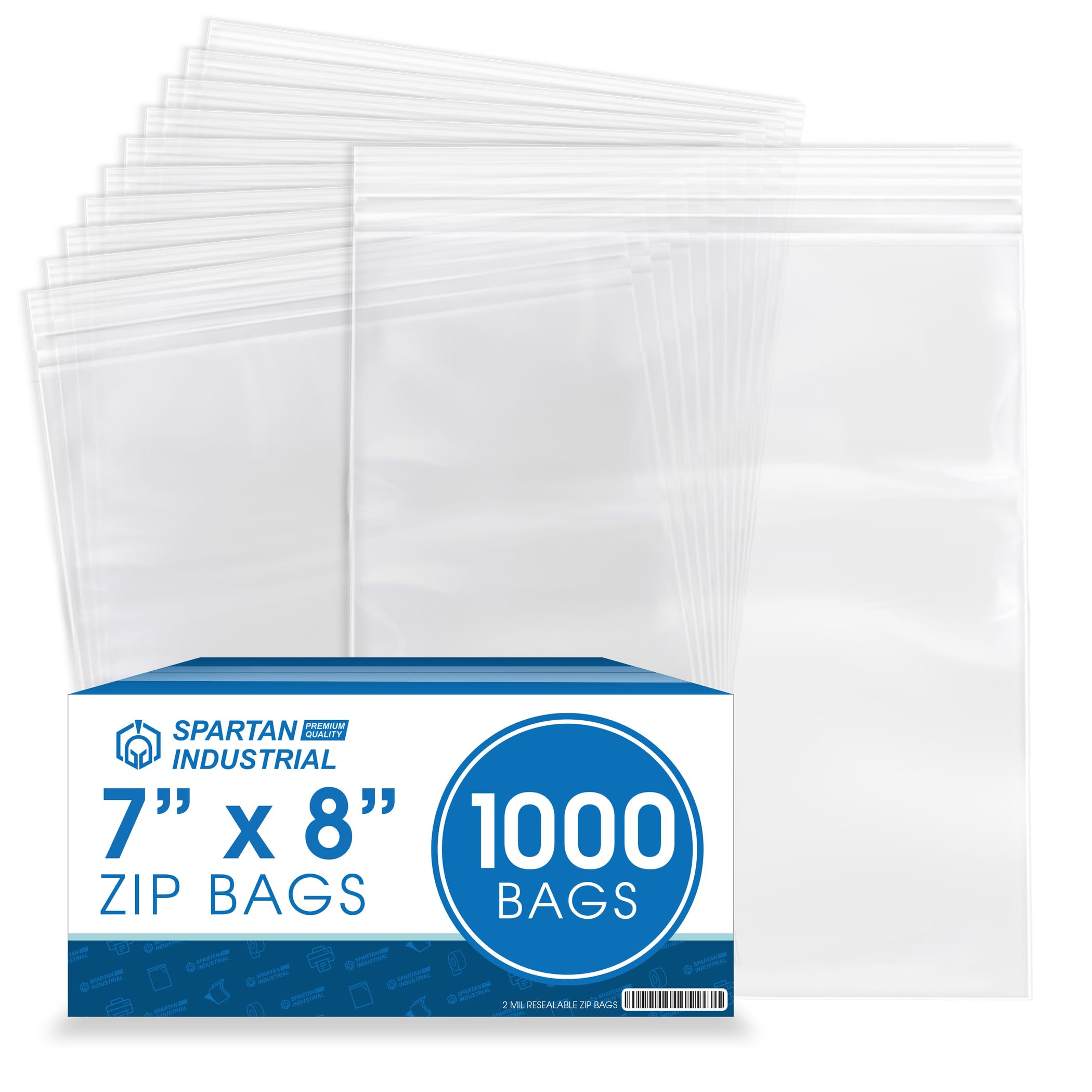 Spartan Industrial 7” x 8” 2 Mil Clear Reclosable Zip Plastic Poly Bags (1000 Count) - Resealable Lock Seal Zipper for Storage, Food, Crafts & Organization