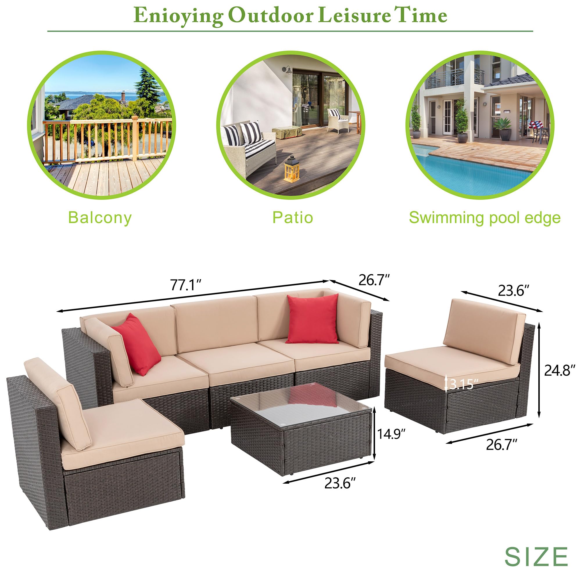 Vongrasig 6-Piece Outdoor Patio Furniture Set - PE Wicker Rattan Sectional Sofa with Coffee Table for Garden, Backyard, Poolside (Beige) | Perfect for Relaxing, Entertaining & Outdoor Gatherings