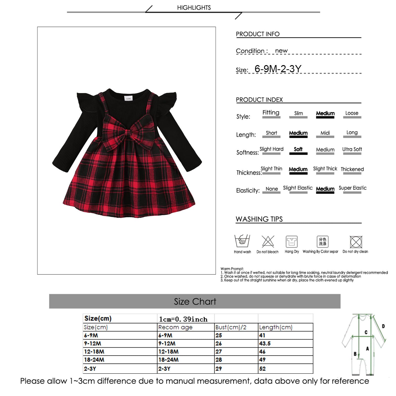 Puseky Baby Girl Long Sleeve Plaid Dress with Ruffles & Bowknot Strap - Cute Spring & Fall Outfit for Photoshoots, Parties & Daily Wear