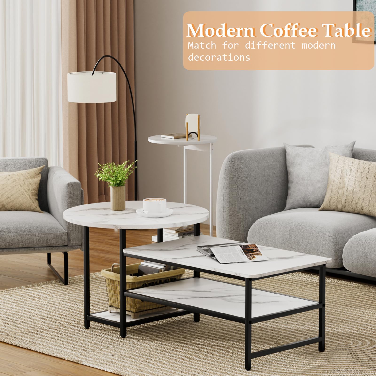 Modern White Coffee Table - Detachable Faux Marble Living Room Table for Small Spaces