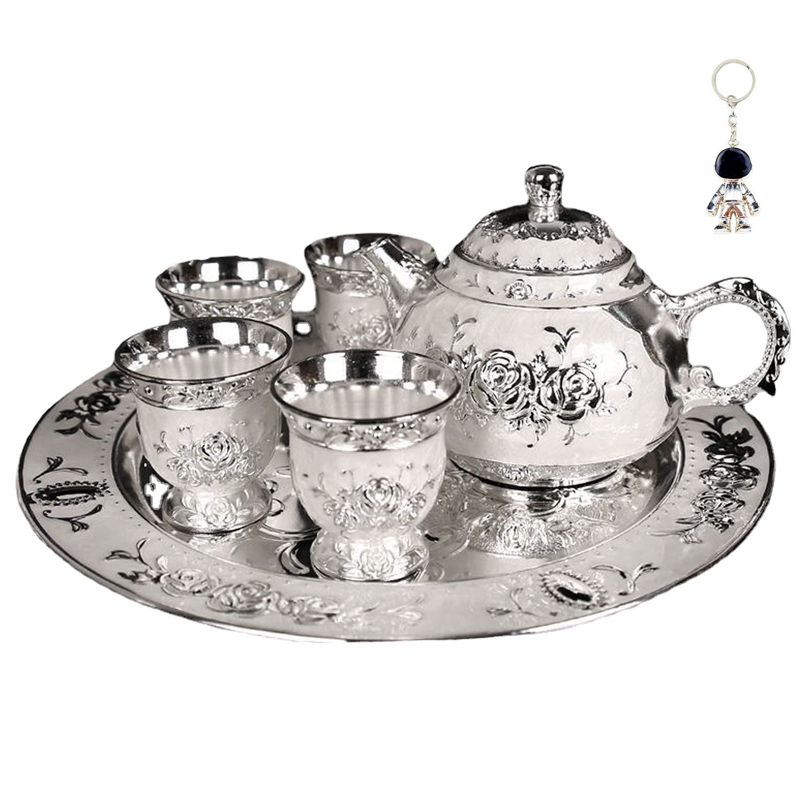Vintage Tea Pot Set with Tray, Teapot & Metal Cups - Turkish Coffee Pot Set for Serving Tea, Coffee, Wine & Cappuccino - Perfect for Home, Office & Gift Giving