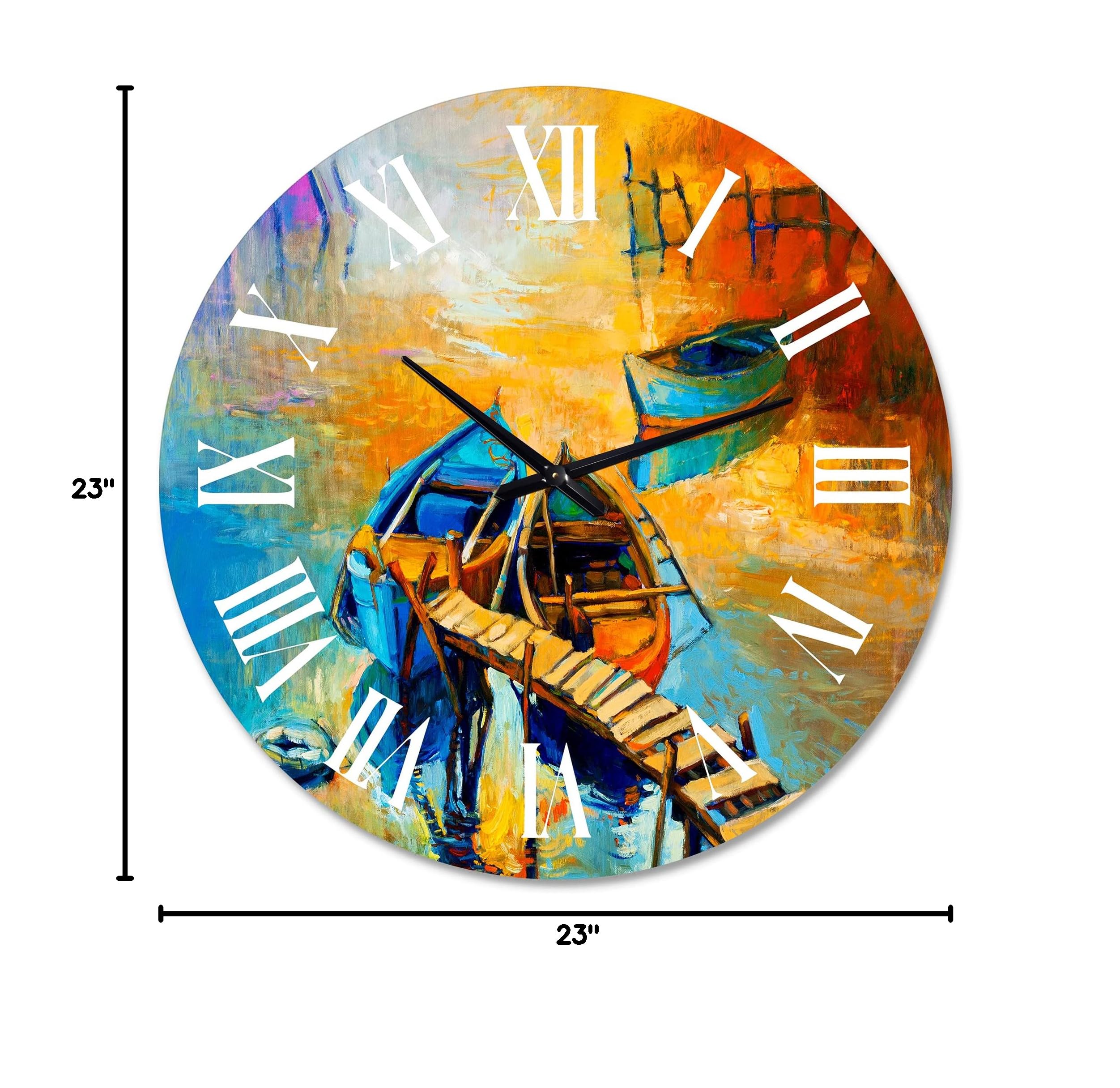 DesignQ Nautical Coastal Wall Clock - Boat at Sunset Lake Scene, Orange Round Clock for Home & Office Decor - Perfect for Living Room, Bedroom, or Beach House