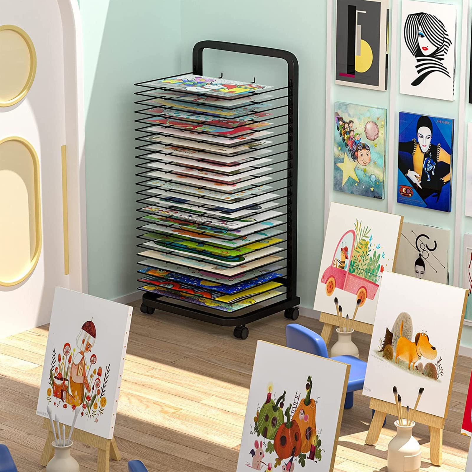 Sturdy Metal Art Drying Rack with Wheels - 25-Tier Power-Coated Painting & Craft Storage Display (44x42x90cm) - Perfect for Art Classrooms, Studios & School Art Clubs | Easy-Move Artwork Organizer for Wet Paintings & Student Projects