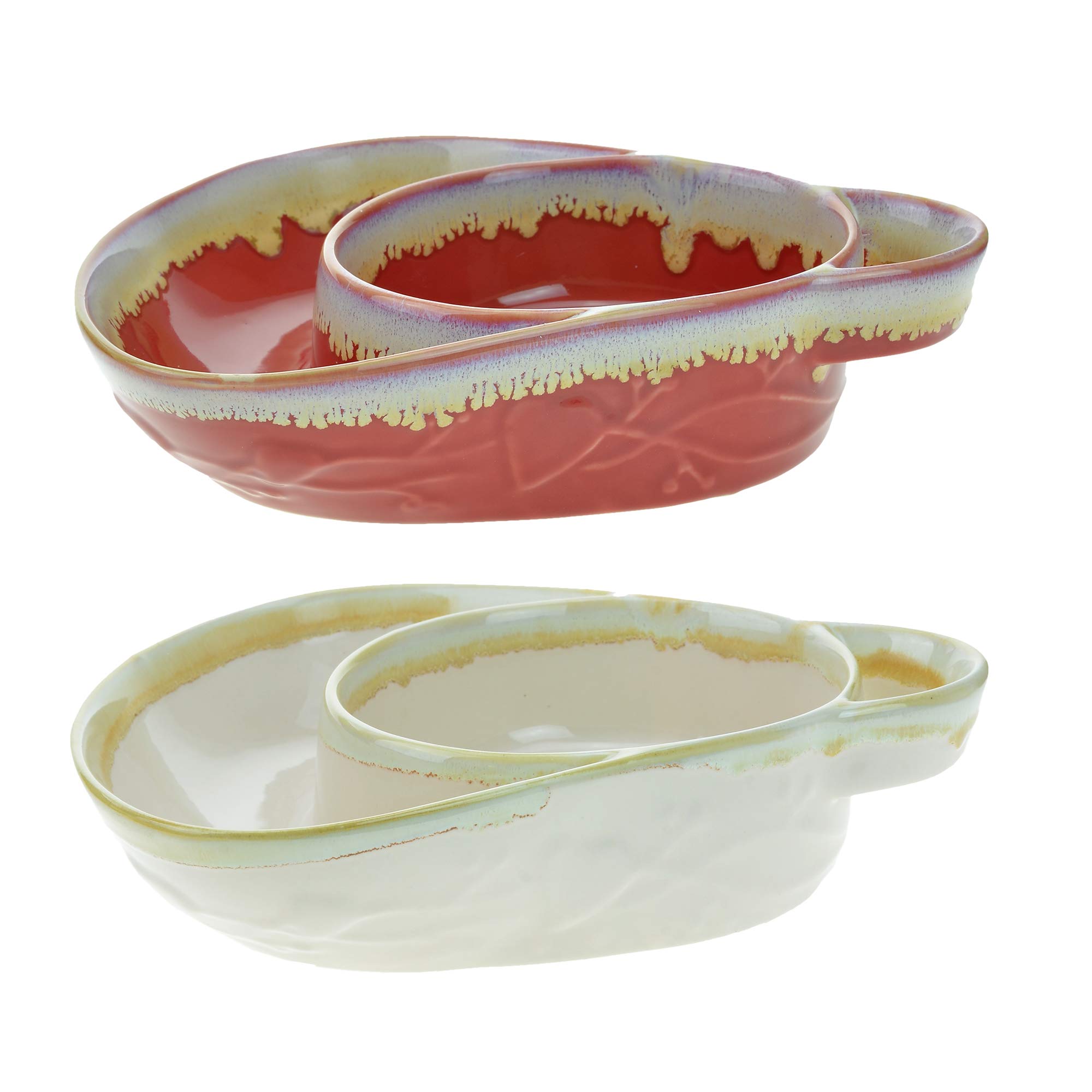 Premium Stoneware Soup & Side Bowls Set of 2 - Chip & Dip Serving Dishes in Cream & Red by Roe & Moe | Perfect for Entertaining, Party Snacks & Family Dinners
