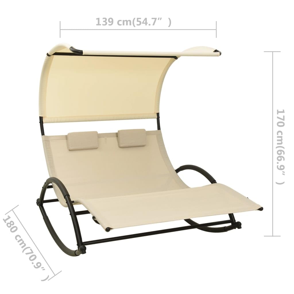 vidaXL Double Sun Lounger with Adjustable Canopy - Cream Textilene Fabric & Steel Frame - Comfortable Outdoor Patio Furniture with Pillows - Perfect for Poolside, Beach, and Backyard Relaxation