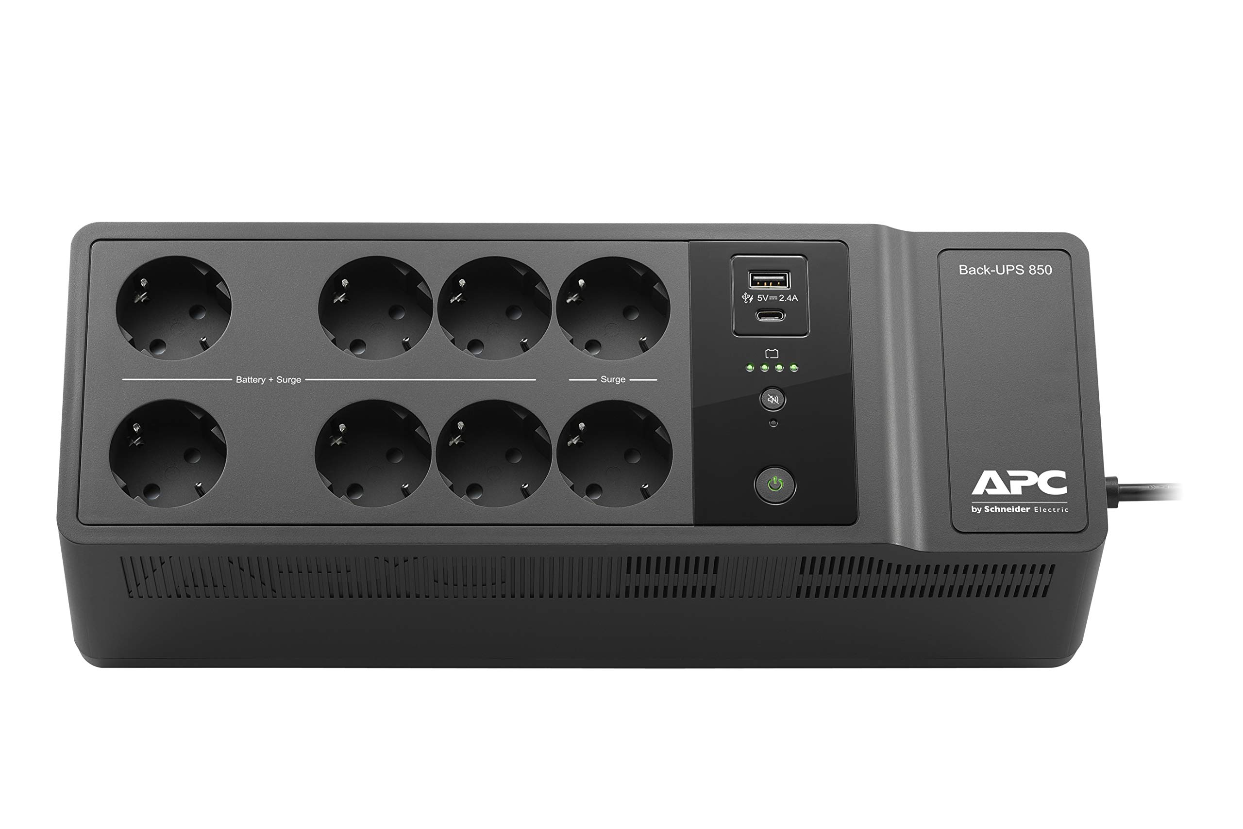 APC Back-UPS ES 850VA Battery Backup (BE850G2-SP) with 8 Schuko Outlets, USB-A & USB-C Charging Ports - Power Protection for Home Office, Gaming PC & Network Equipment