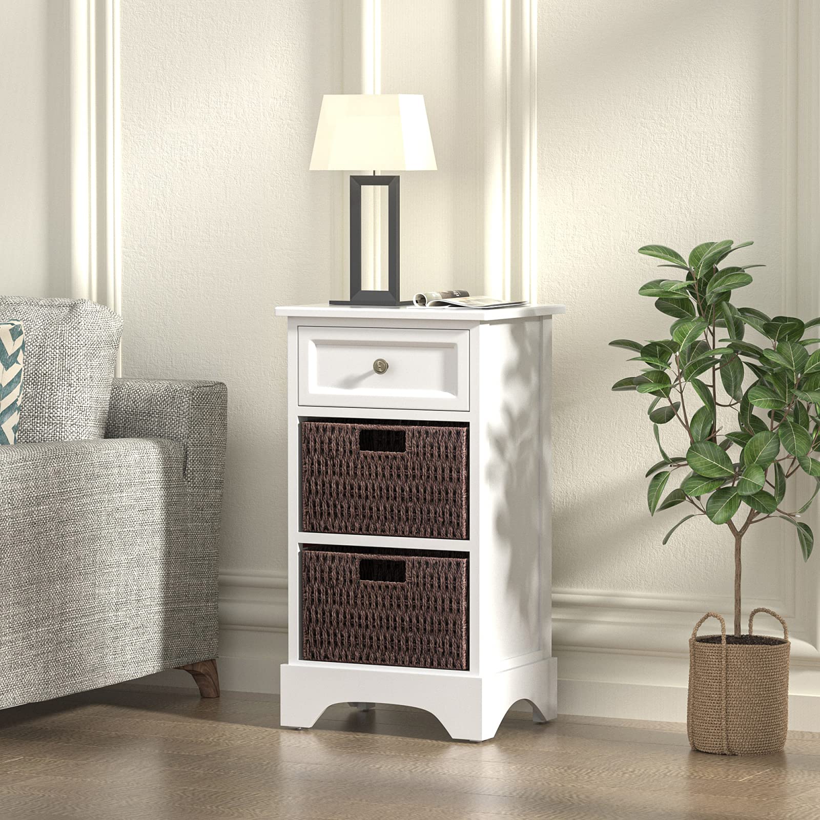 Modern Distressed Farmhouse Accent Cabinet with 1 Drawer & 2 Wicker Baskets - Entryway Storage Cabinet, Buffet Sideboard for Kitchen, Dining Room, Bedroom or Hallway - Perfect for Farmhouse Decor & Small Space Organization