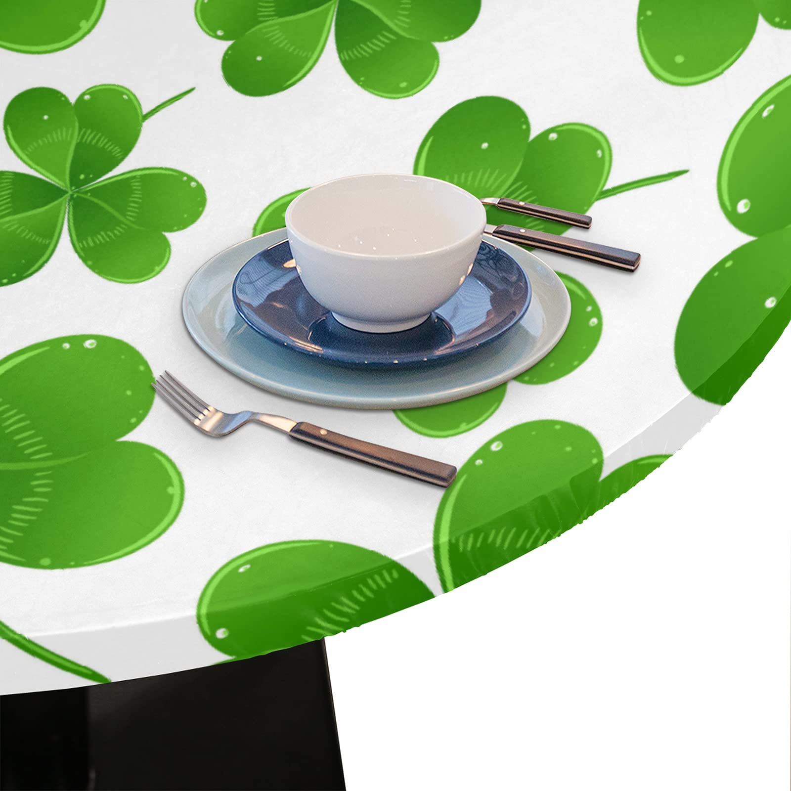 St. Patrick's Day Round Fitted Tablecloth - 48 Inch Elastic Edge Clover Design Waterproof Wipeable Table Cover for Parties, Outdoor Dining, and Home Decor (Fits 36