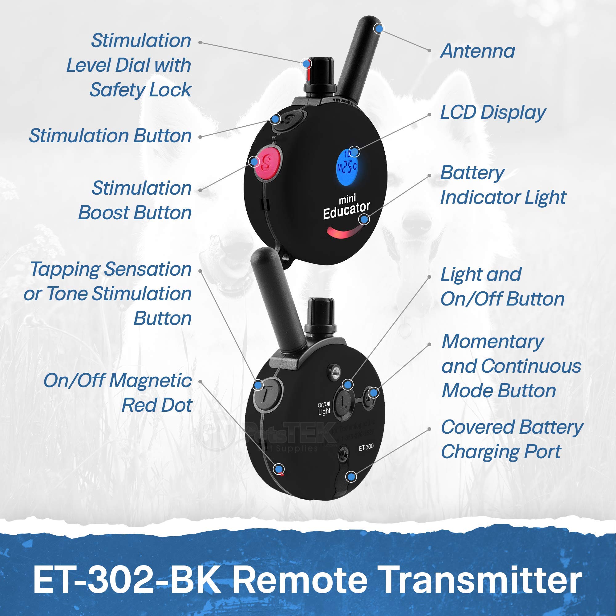 Educator ET-302 BK - 1/2 Mile Range Rechargeable Dog Training Collar with Remote for Small, Medium & Large Dogs | Waterproof Shock Collar with Electric, Vibration & Tone Modes | Perfect for Obedience Training, Behavior Correction & Off-Leash Control