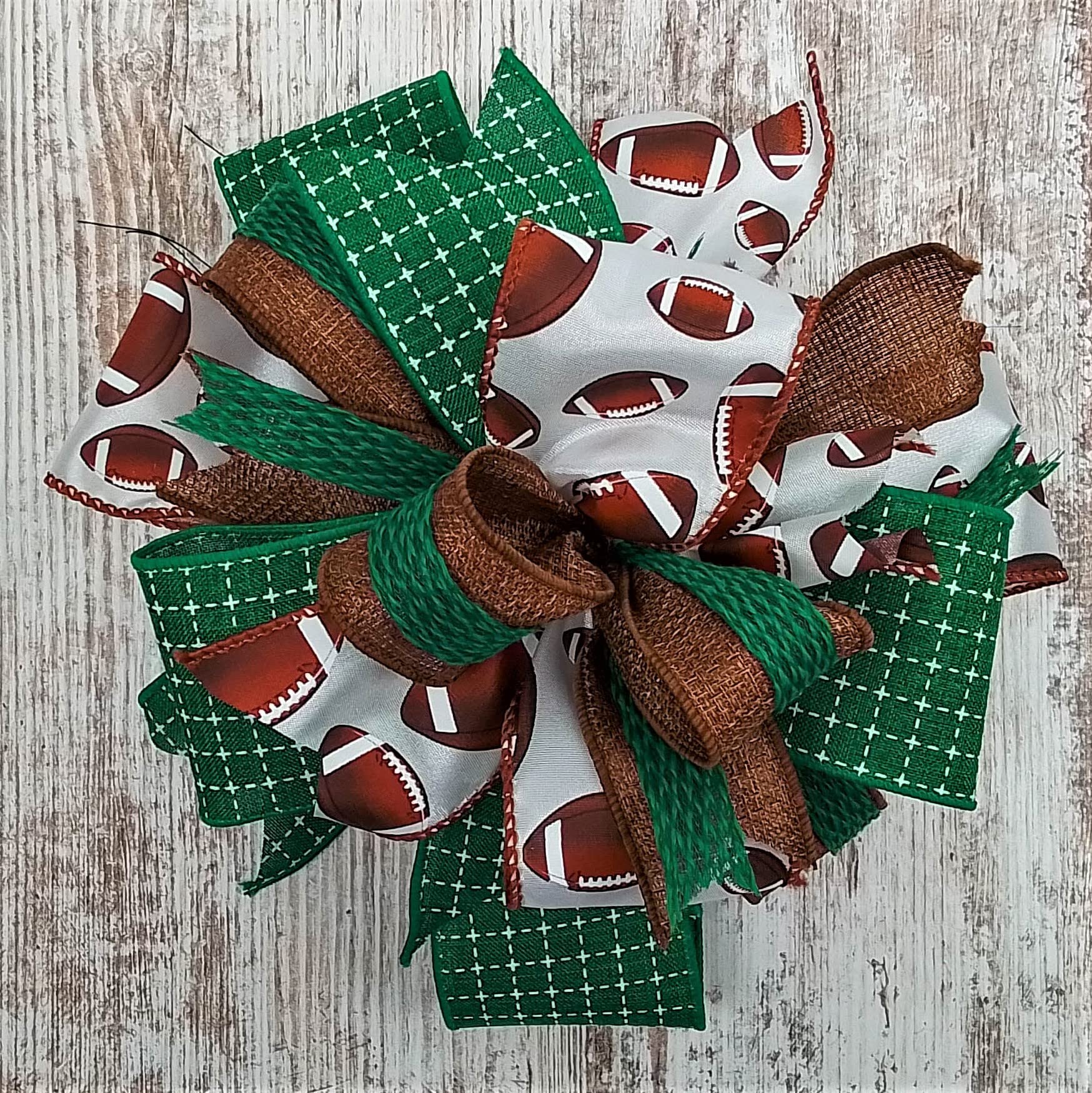 Handmade Burlap Wreath Bow Embellishments - Farmhouse Style Layered Lantern Wreath Decor (Set of 10, Green/Brown Football Theme) - Perfect for DIY Wreath Making, Front Door Decor, and Seasonal Home Decoration