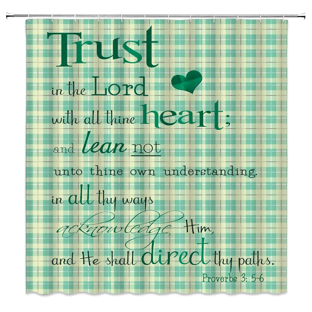 AMHNF Inspirational Quote Shower Curtain - Trust in The Lord Bible Verse, Motivational Proverbs, Vintage Buffalo Plaid Bathroom Decor with Hooks - Perfect for Farmhouse, Cottage & Rustic Bathroom Themes