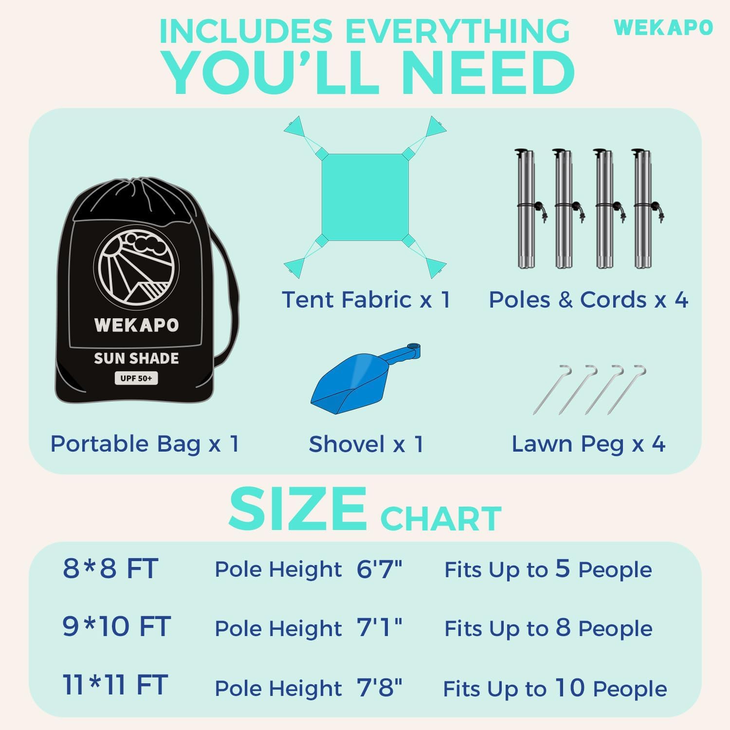 WEKAPO Beach Tent Sun Shelter - Easy Setup Portable Canopy with 4 Sturdy Poles, Large Sandbags & Shovel | 7'1'' Tall Windproof Sun Shade for Beach, Backyard & Camping | UPF 50+ UV Protection for Family Outdoor Activities