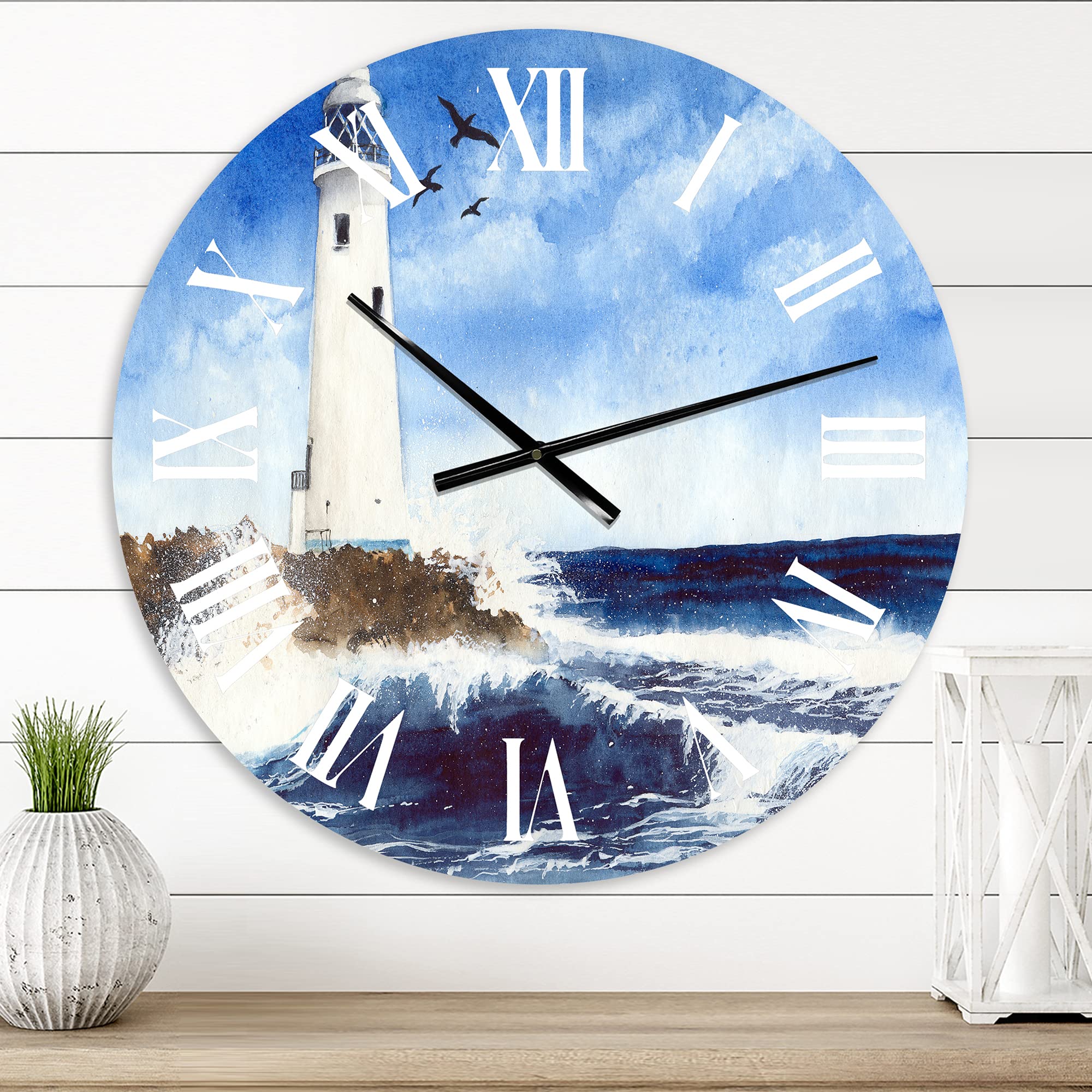 DesignQ Nautical Coastal Wall Clock - Lighthouse on Rocky Island with Seagulls - Blue Round Clock for Bedroom, Living Room, Office Decor - Perfect for Beach House, Coastal Style & Home Décor