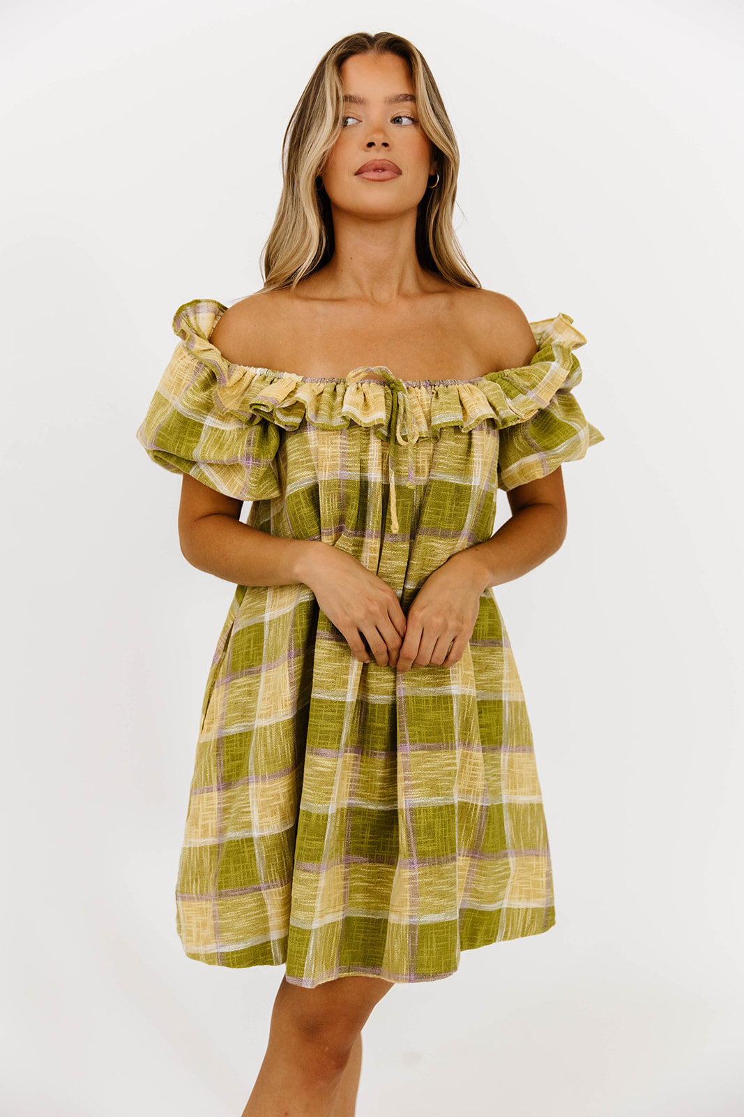 Deedee Plaid Weave Mini Dress in Green | Women's Casual Flowy Summer Dress for Party, Date Night & Outdoor Activities