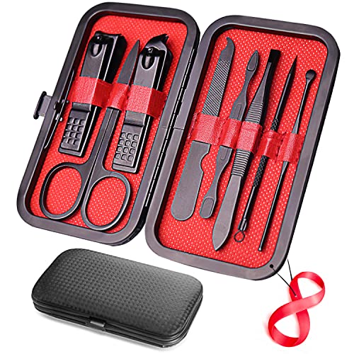 RedFlow 8-in-1 Professional Manicure & Pedicure Set - Nail Clippers, Fingernail & Toenail Clippers, Complete Nail Care Kit with Travel Case (Black) | Perfect for Home, Salon, Travel & Gifts