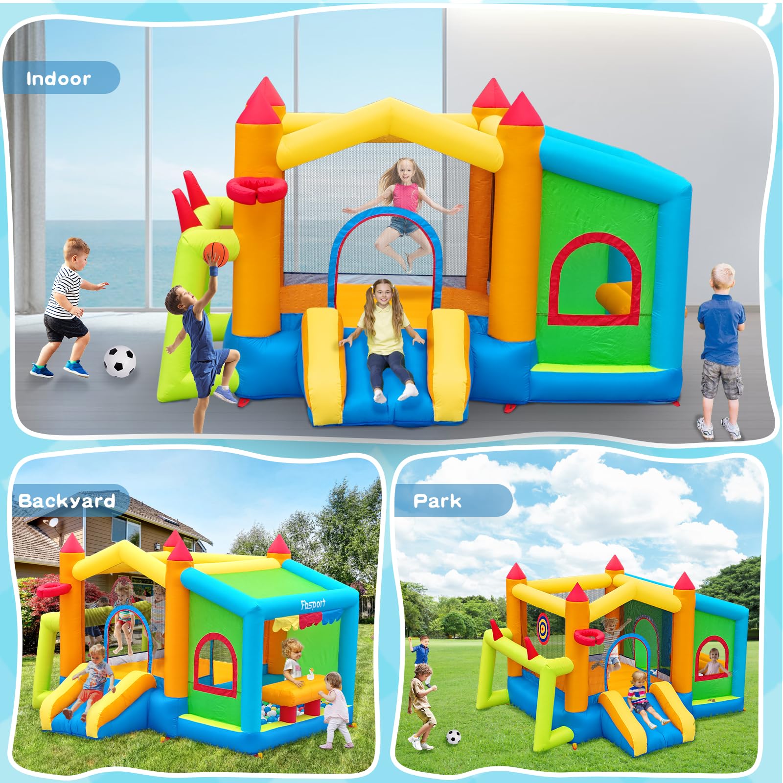 FBSPORT Inflatable Bounce House with Ball Pit & Toy Market Stand - Kids Bouncy Castle for Outdoor & Indoor Play - Includes 480W Blower for Birthday Parties, Backyard Fun & Family Gatherings