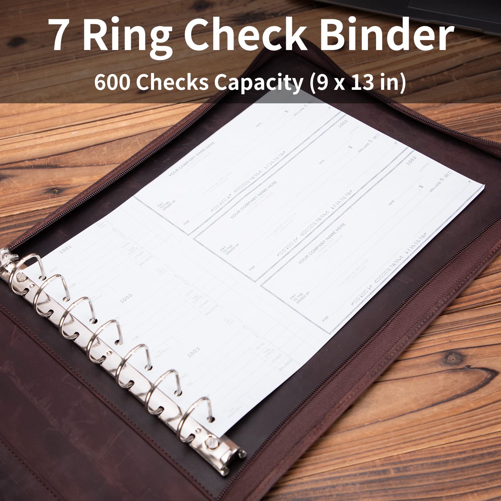 Premium 7-Ring Check Binder - Genuine Leather Business Checkbook Cover with 3-On-A-Page Design Holds 600 Checks (9